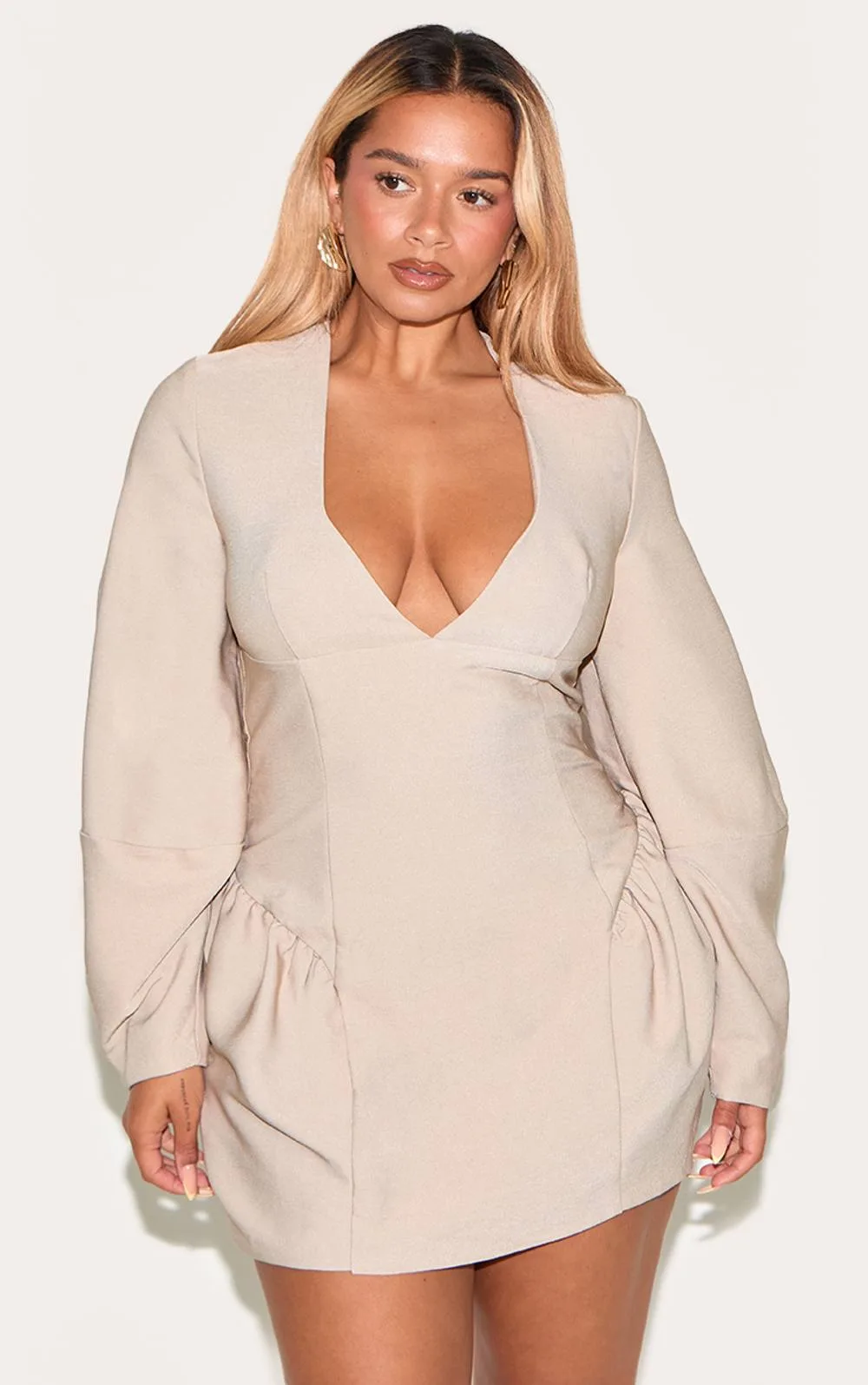 Tailored Plunge Front Cocoon Sleeve Cinched Waist Mini Dress