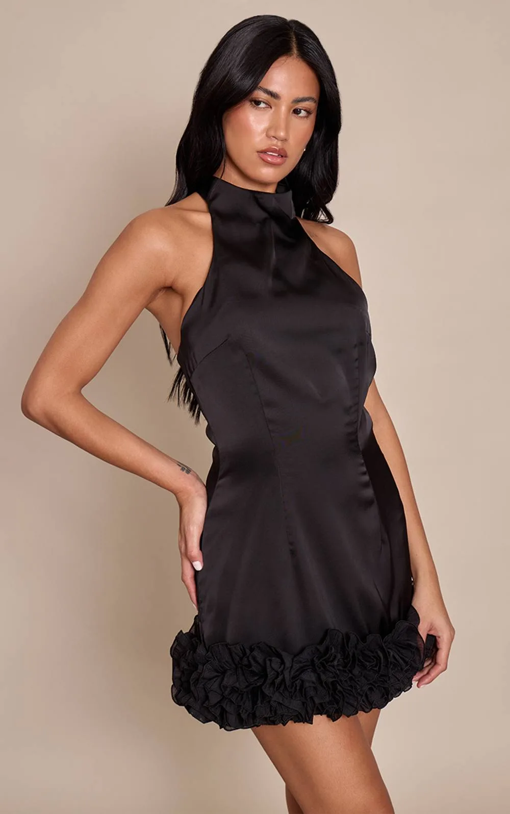Satin High Neck Frill Detail Mini Dress by PrettyLittleThing