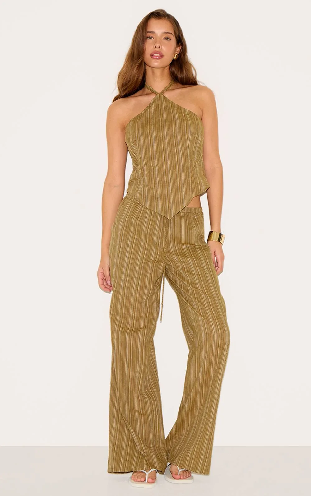 Pinstripe Tie Waist Cotton Trousers Co-Ord