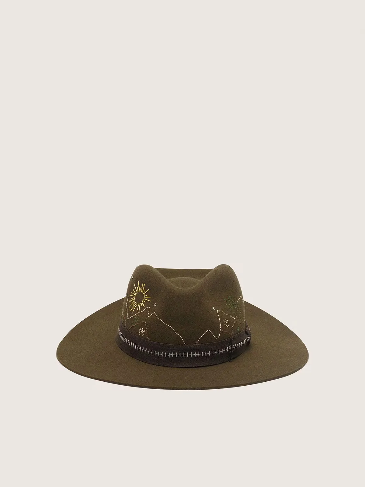 Olive-Green Fedora Hat with Brown Ribbon and Desert-Themed Embroidery by Golden Goose