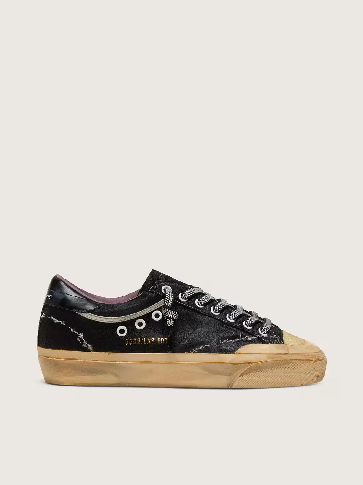 Super-Star Lab in Black Laminated Suede and Nylon with Raised Star and Laces with Crystals by Golden Goose