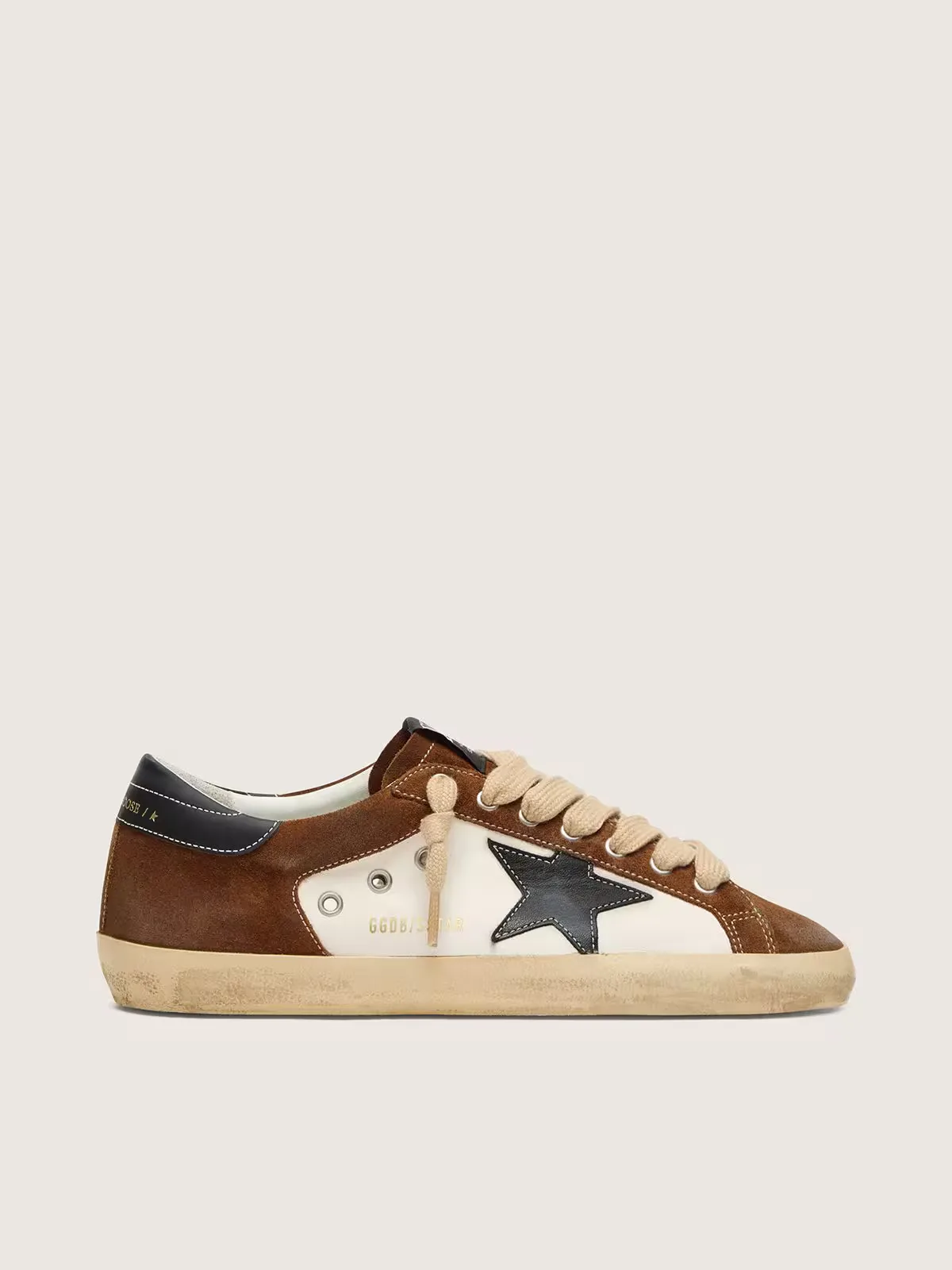 Super-Star in White Leather and Brown Suede with Black Leather Star by Golden Goose