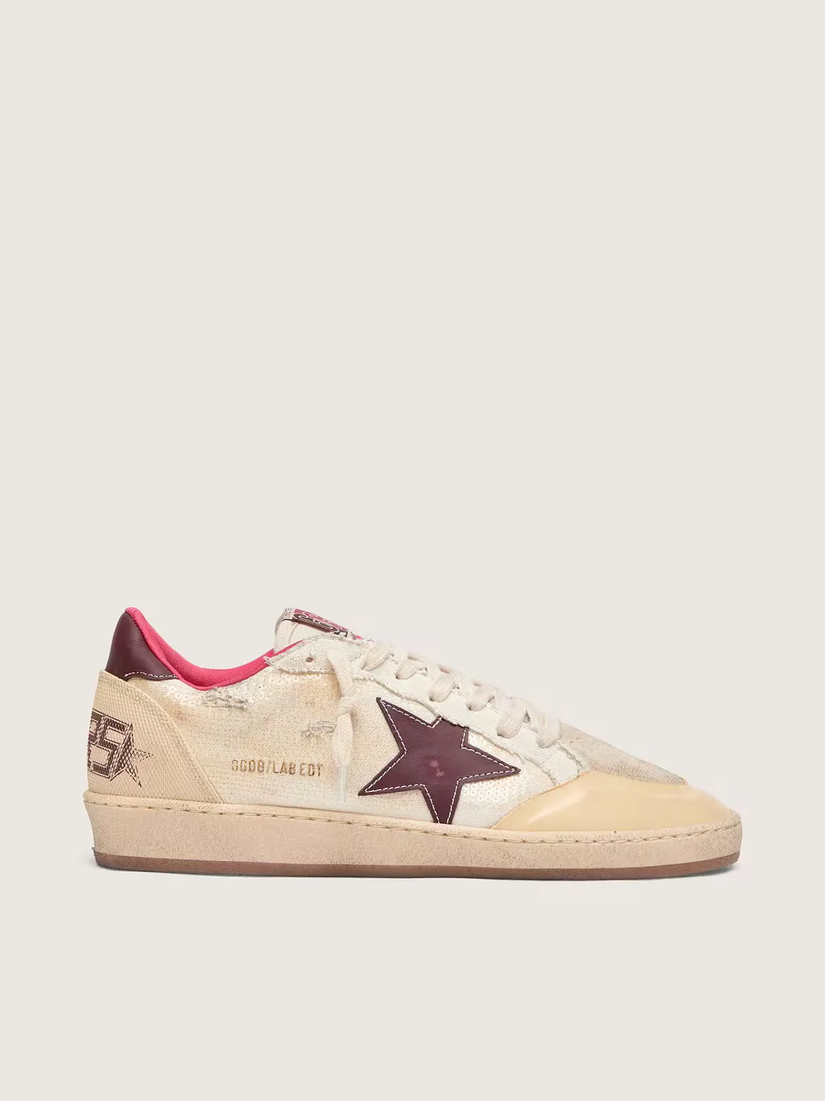 Ball Star Lab in Beige Sequins with Burgundy Star by Golden Goose