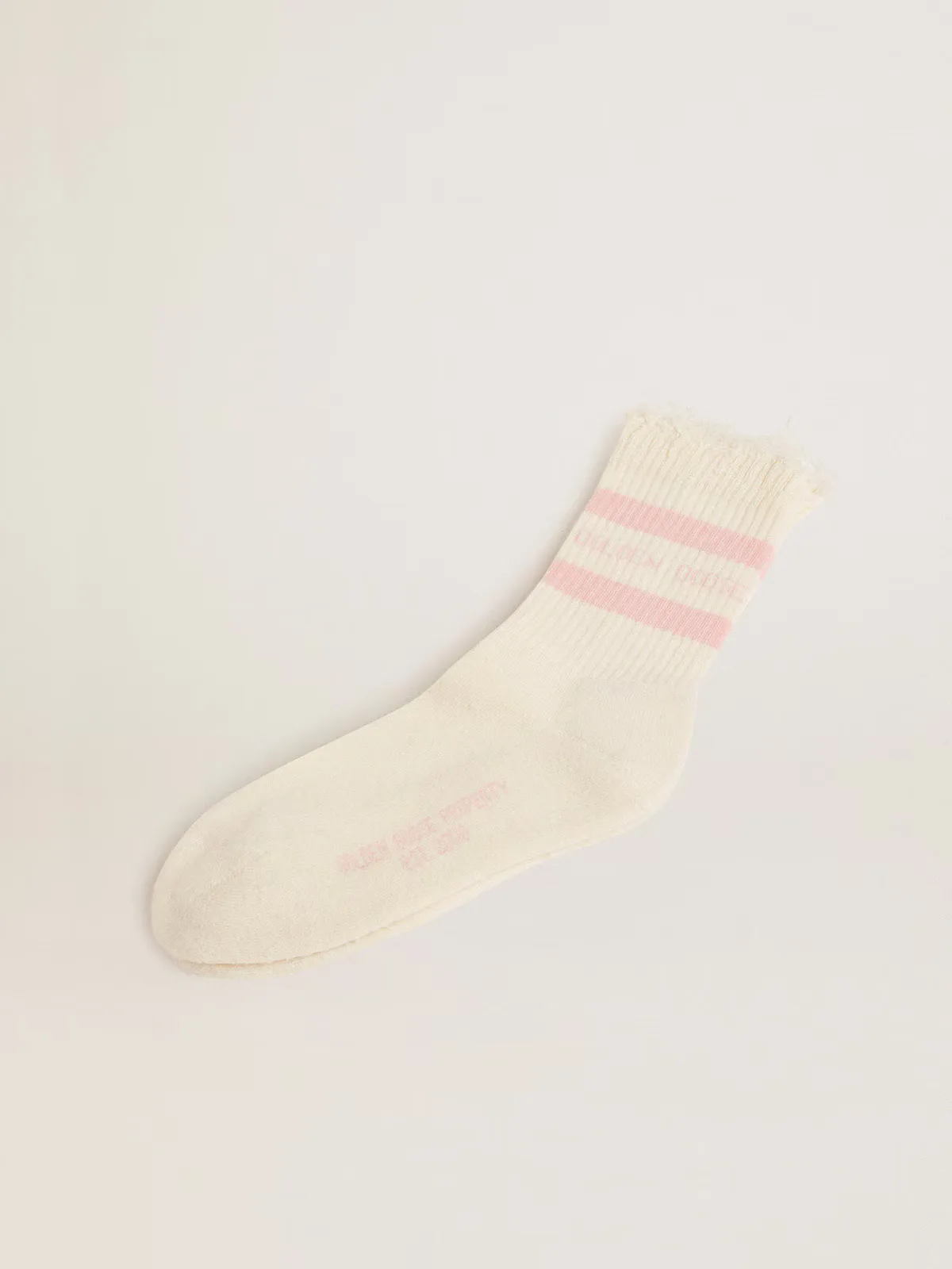Distressed-Finish White Socks with Baby-Pink Logo and Stripes by Golden Goose