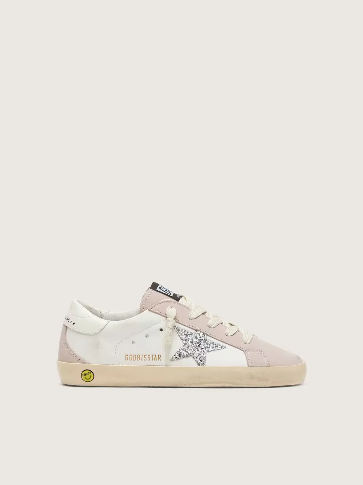 Super-Star in White and Powder-Pink Leather with Silver Glitter Star by Golden Goose