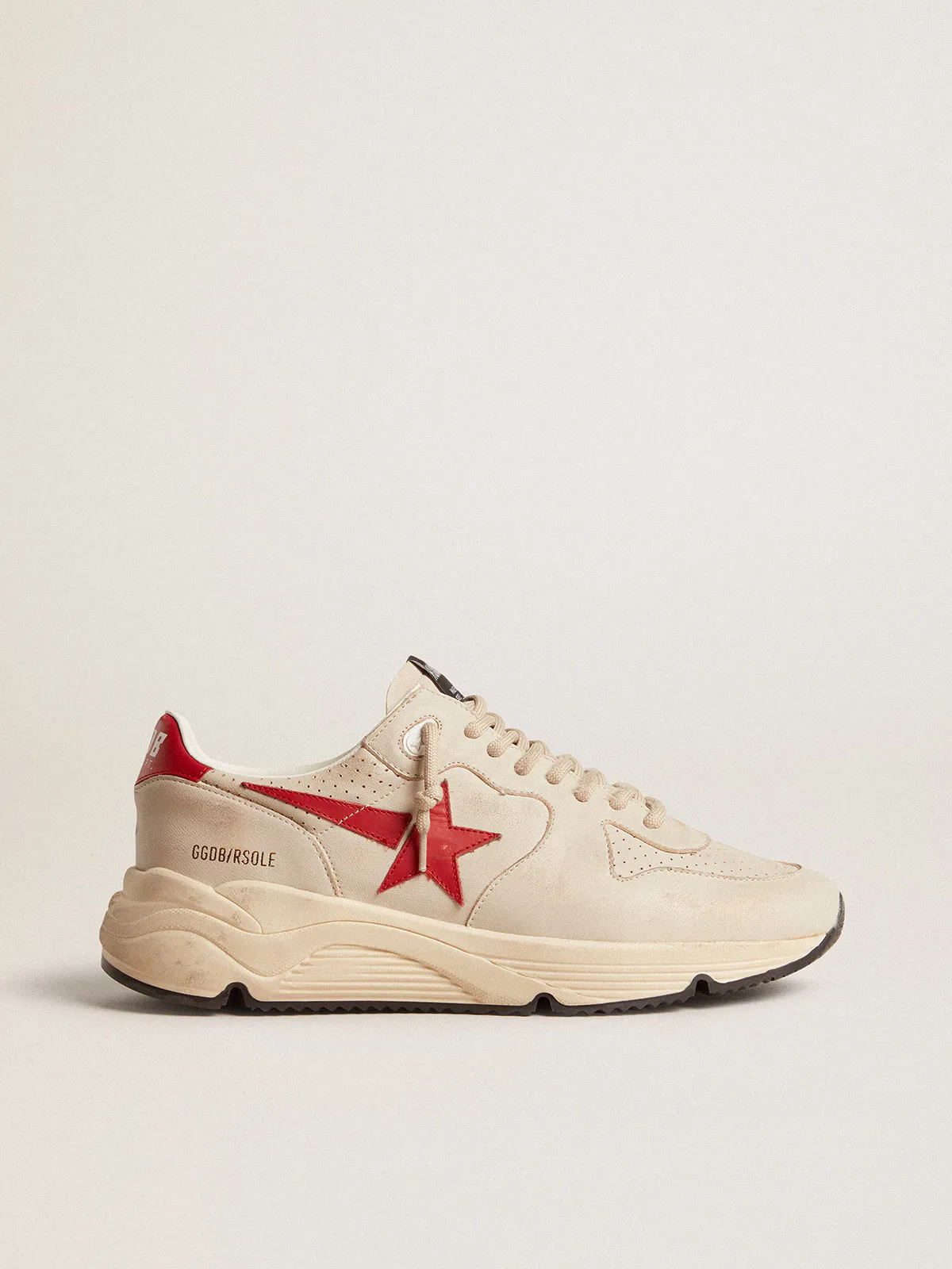 Running Sole in Gray Morn Nappa Leather with Red Nappa Leather Star and Heel Tab by Golden Goose