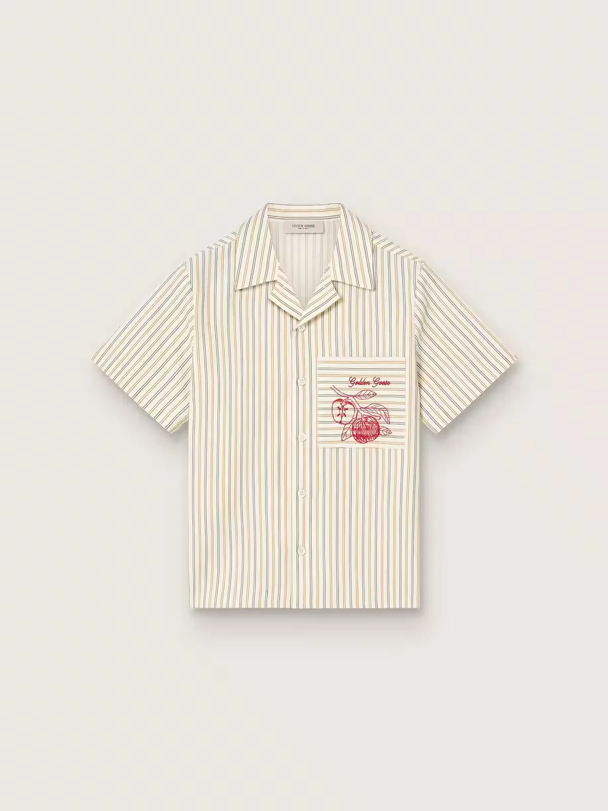 Striped Ecru, Beige and Gray Shirt with Frutteria Golden Embroidery by Golden Goose