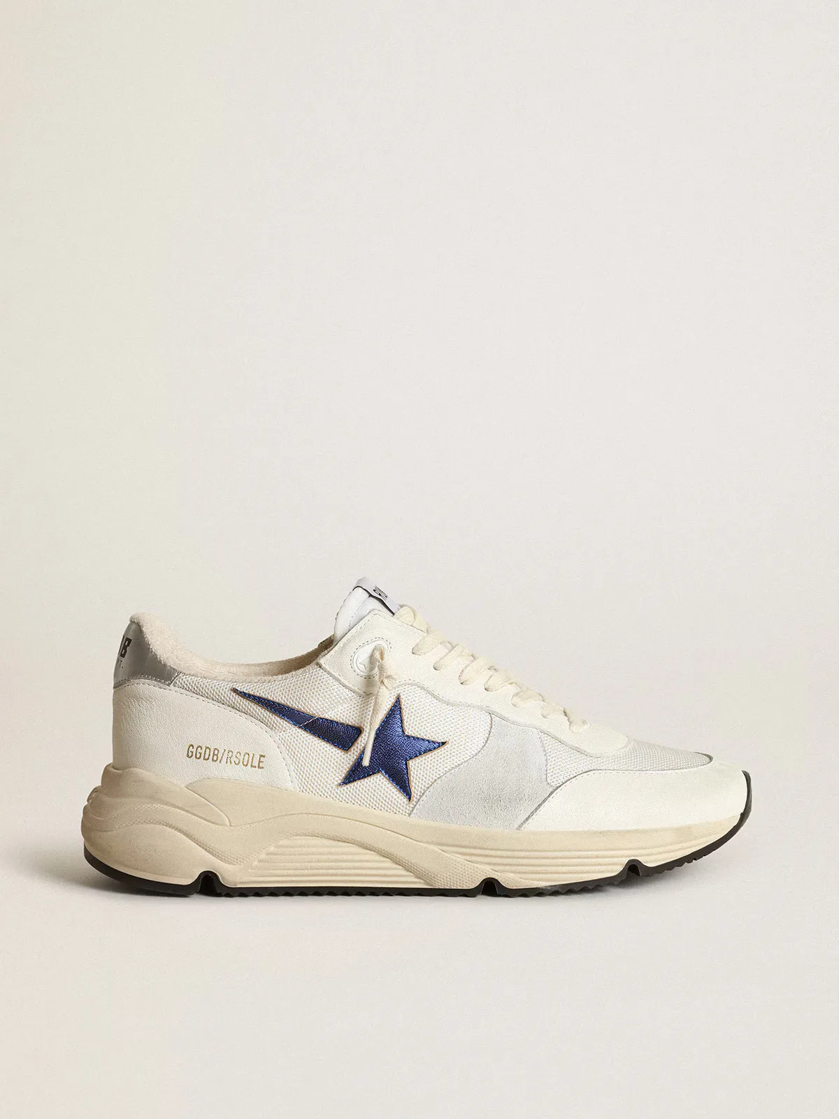 Running Sole in White Leather and Mesh with Blue Laminated Leather Star by Golden Goose