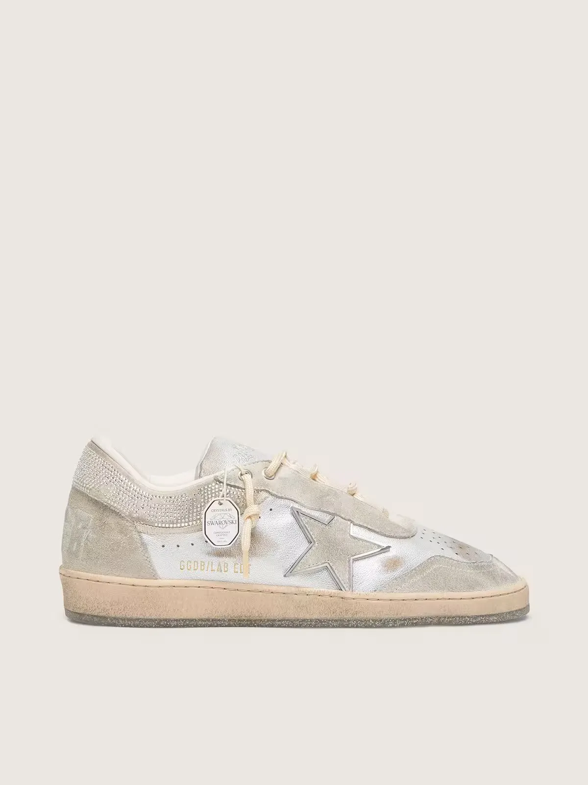 Ball Star in Metallic Silver Leather with Light Gray Star and Swarovski Inserts by Golden Goose