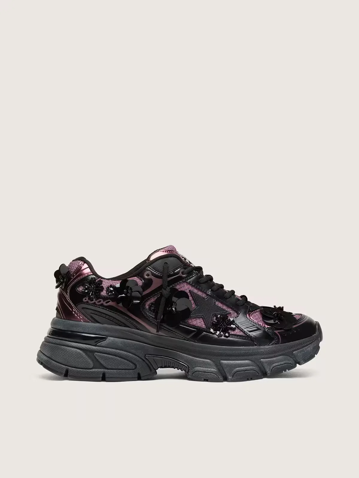 Lightstar in Black Leather and Lilac Mesh with Black Star and Floral Appliqués by Golden Goose