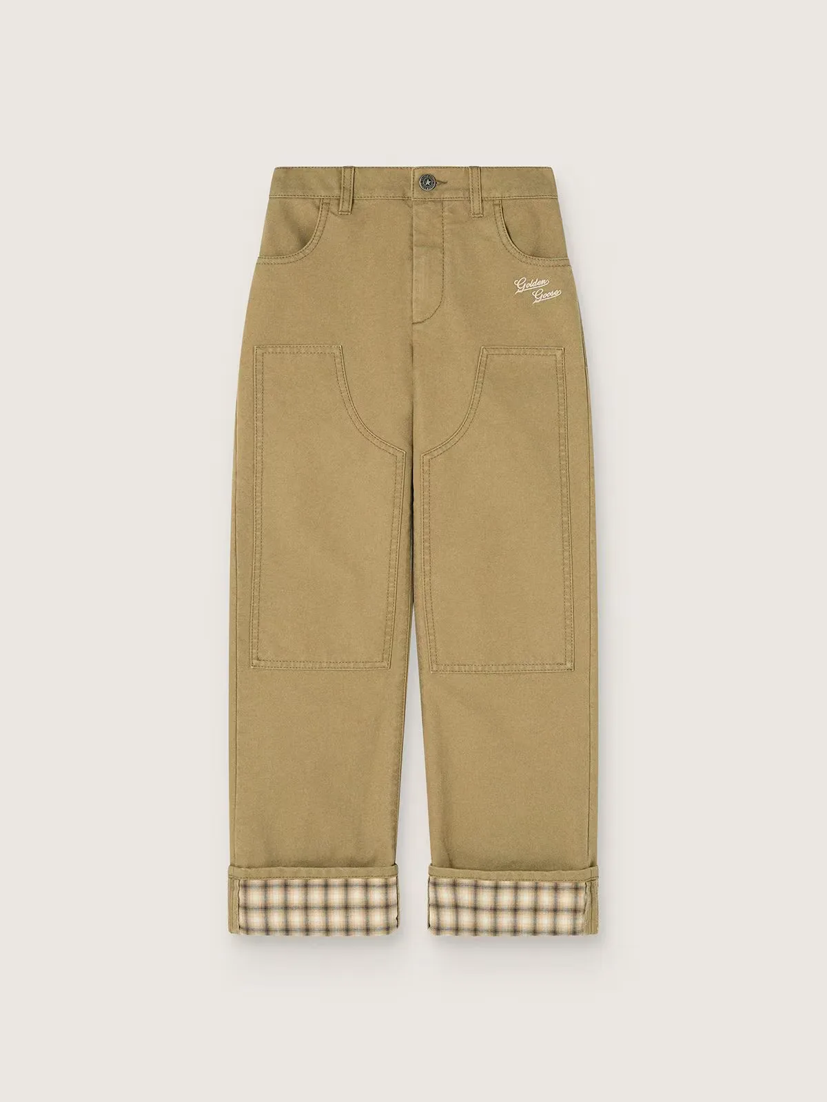 Chino Pants in Beige Cotton with Check Turn-Ups by Golden Goose