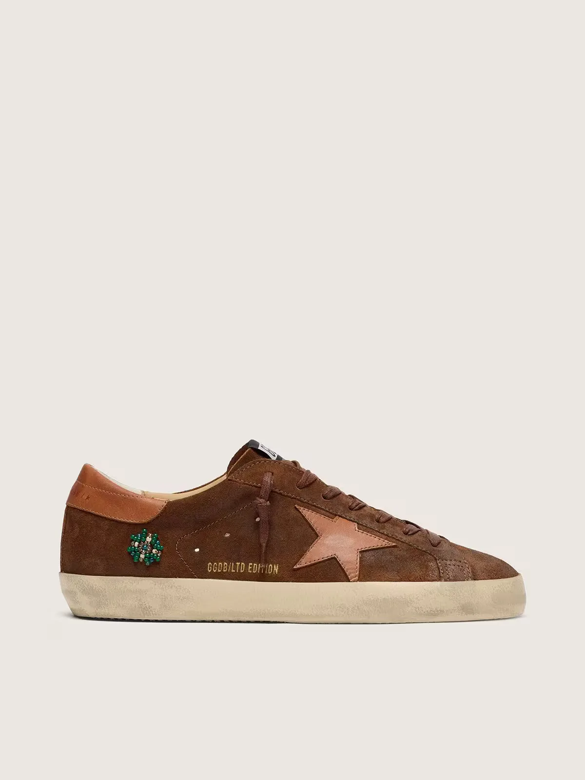 Super-Star Ltd in Brown Suede with Brick-Red Leather Star and Embroidery with Green Beads by Golden Goose