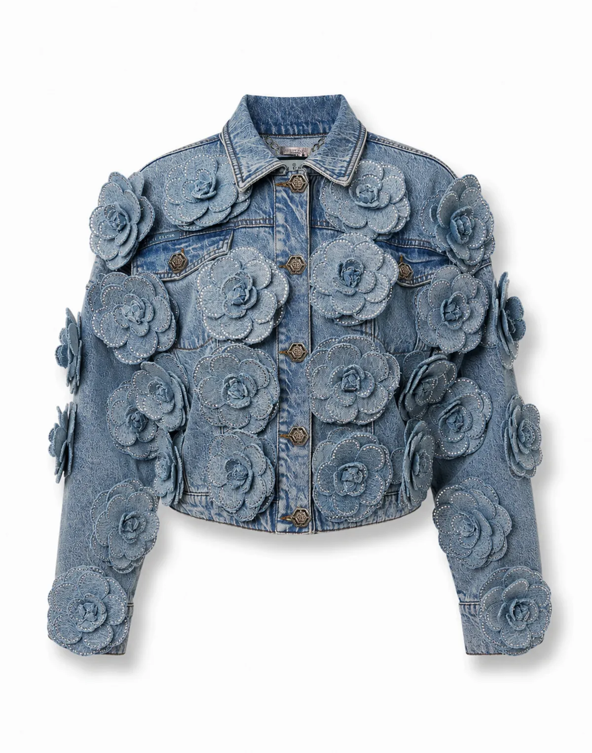 Cropped Denim Jacket All-Over Roses by PHILIPP PLEIN