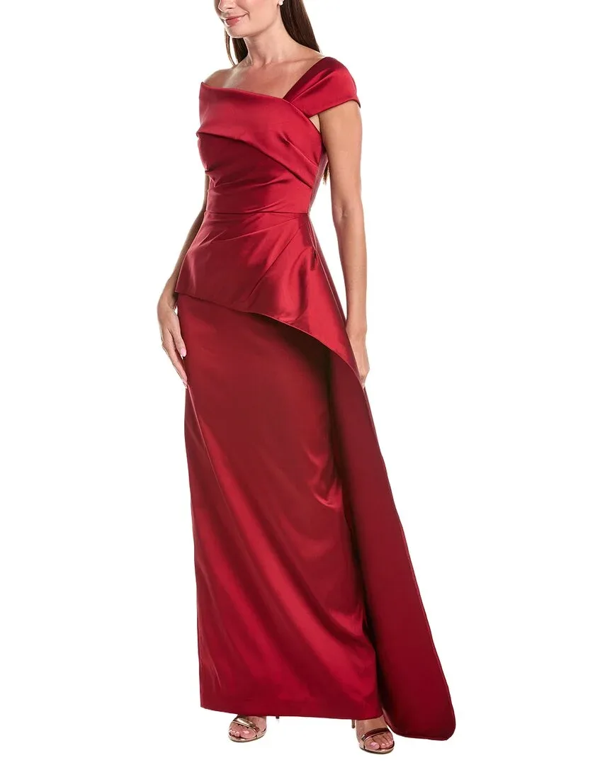 Stretch Gazar Asymmetrical Neck Ruched Peplum Gown by Teri Jon by Rickie Freeman