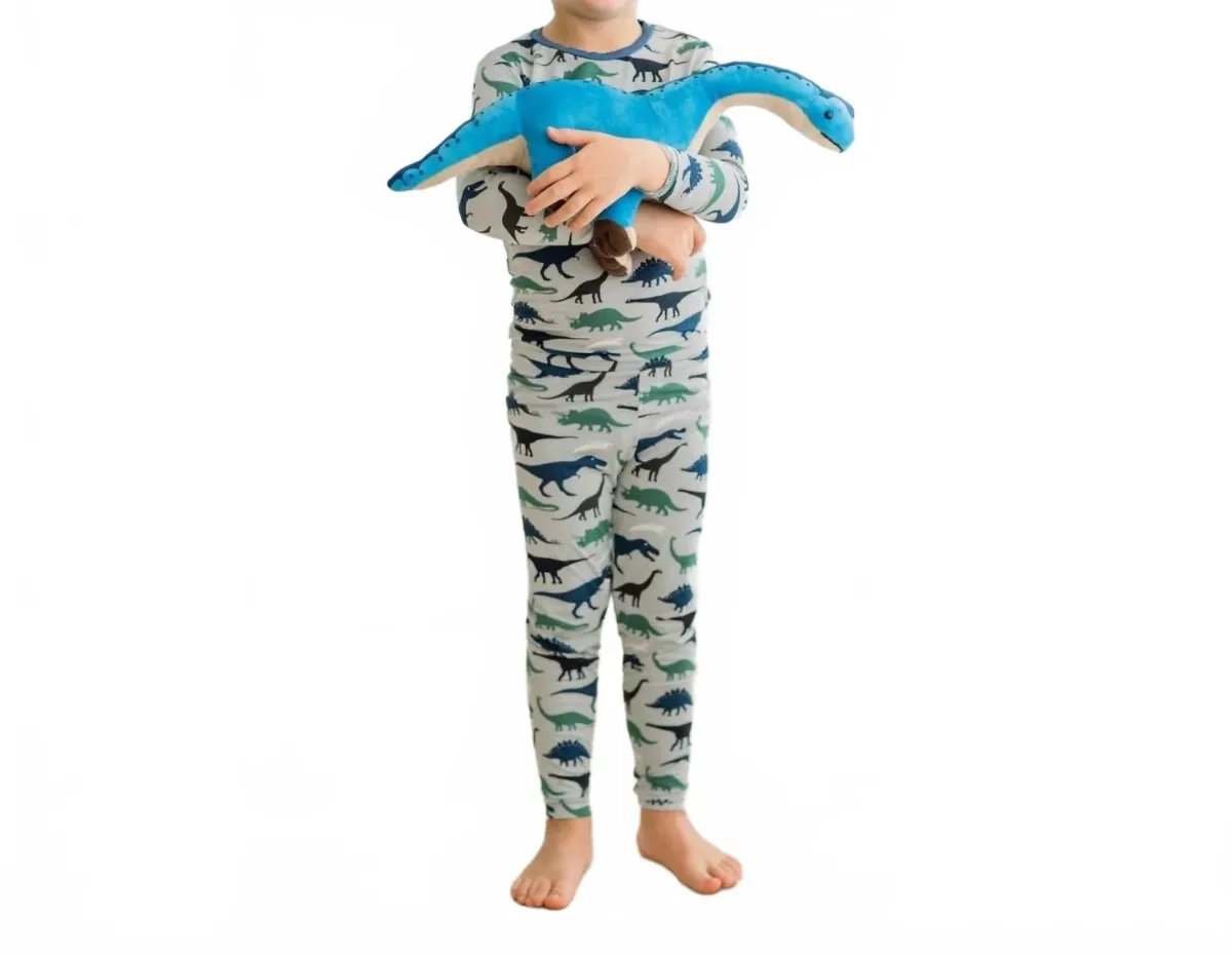 Long Sleeve Pajama Set in Dove Dino Museum by KICKEE