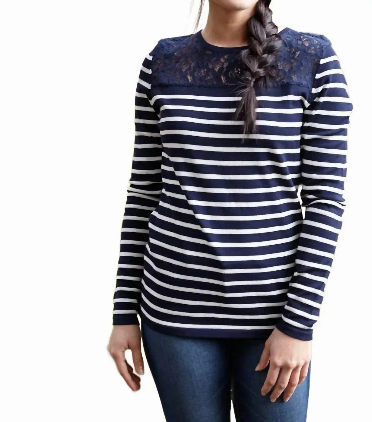 Striped Lace Yoke Top by Papillon