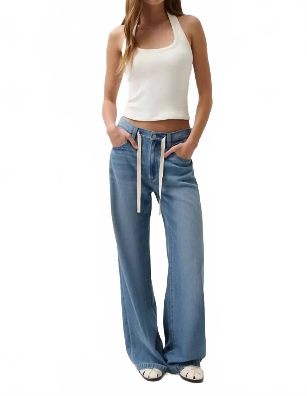 Jadyn Mid Rise Drawstring Palazzo Jeans by PISTOLA