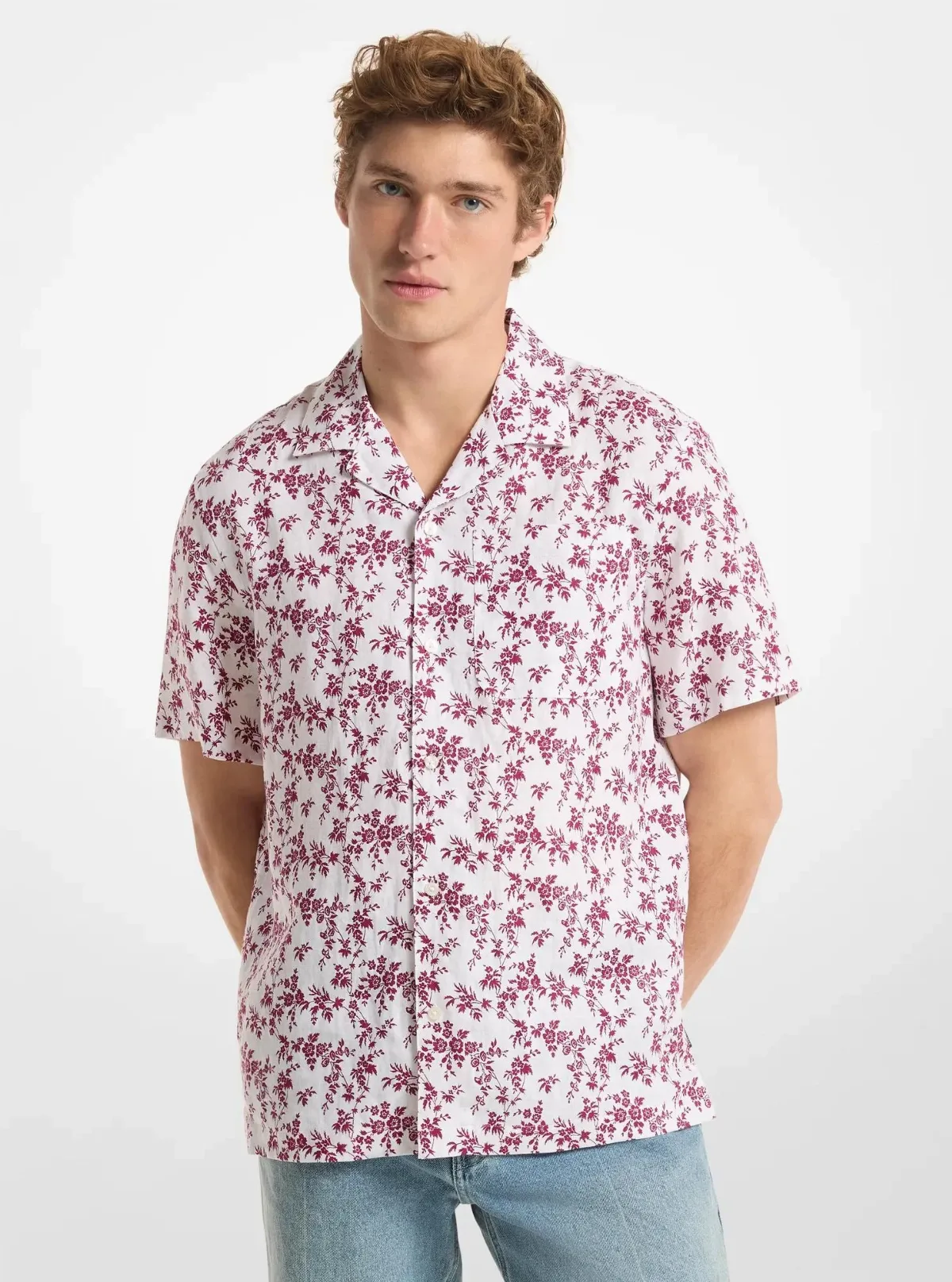 Floral Print Linen Camp Shirt by Michael Kors