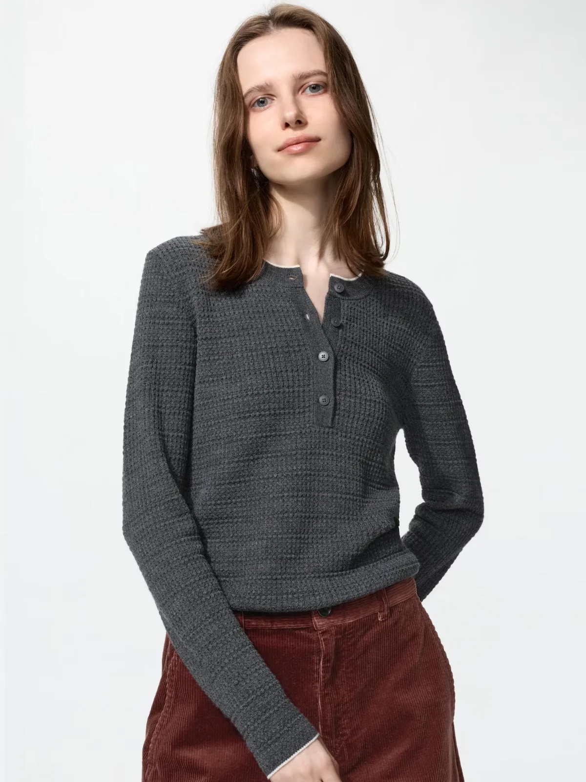 Merino Blend Henley Neck Sweater by UNIQLO