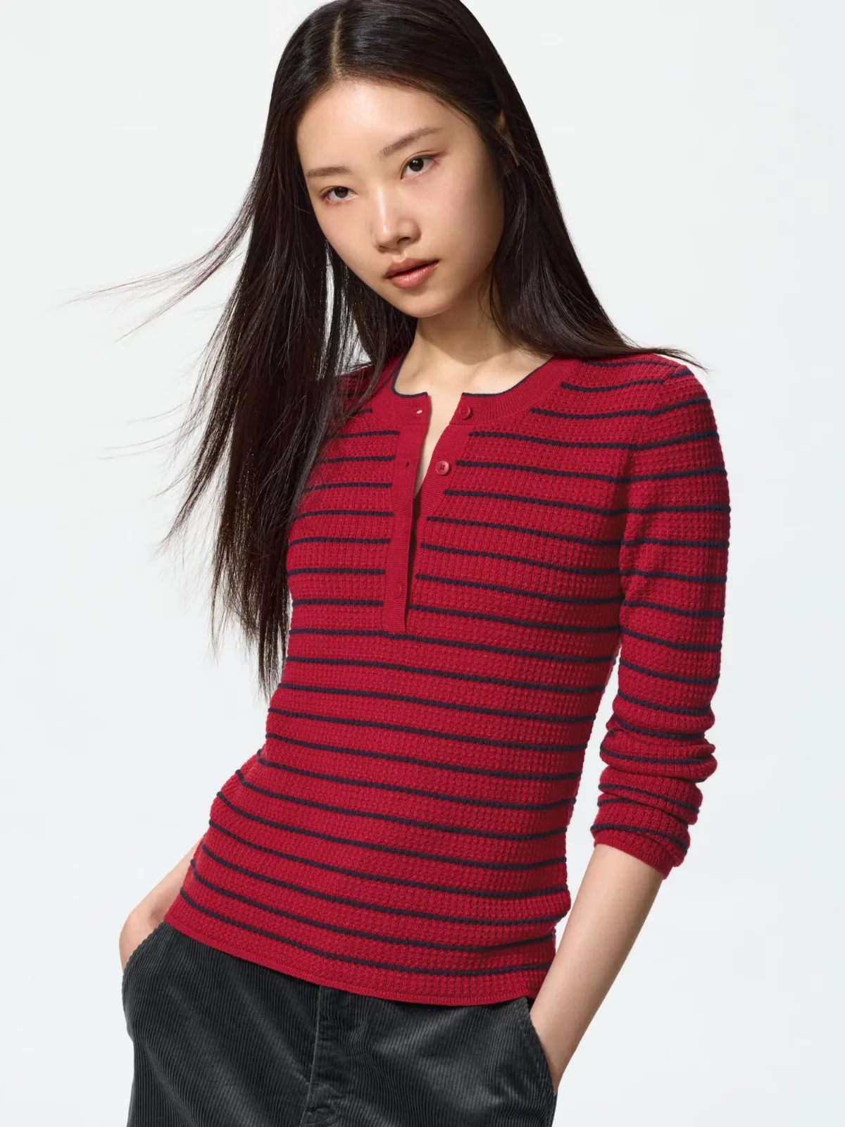 Merino Blend Henley Neck Sweater Stripe by UNIQLO