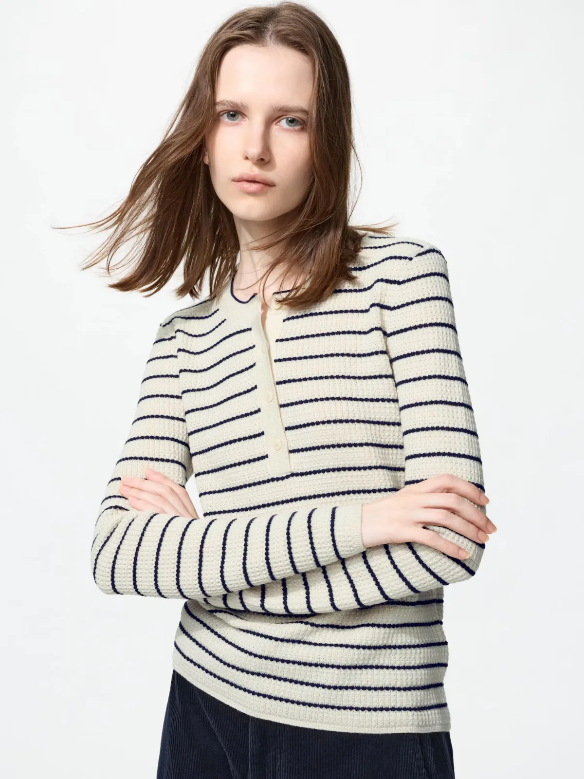 Merino Blend Henley Neck Sweater Stripe