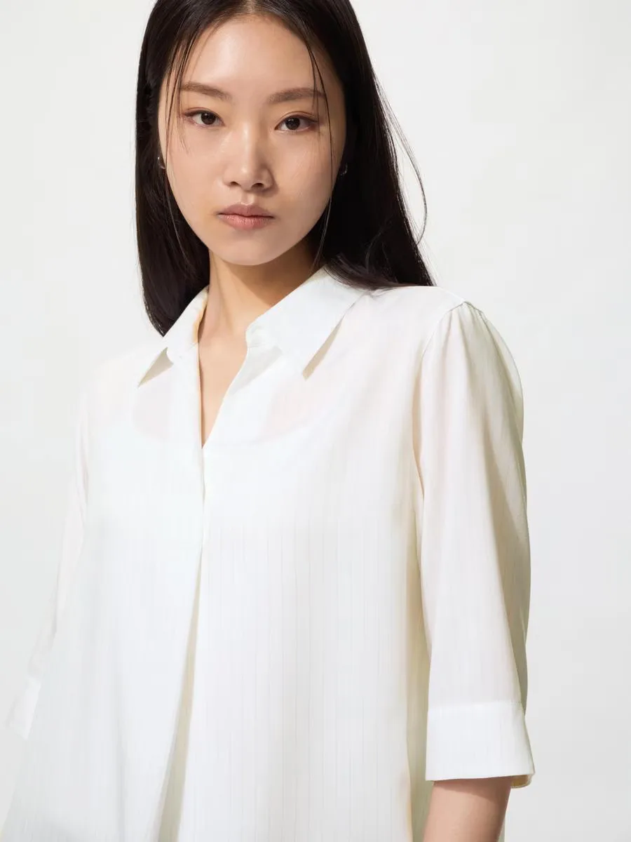 Rayon Skipper Collar Blouse 3/4 Sleeve Striped by UNIQLO