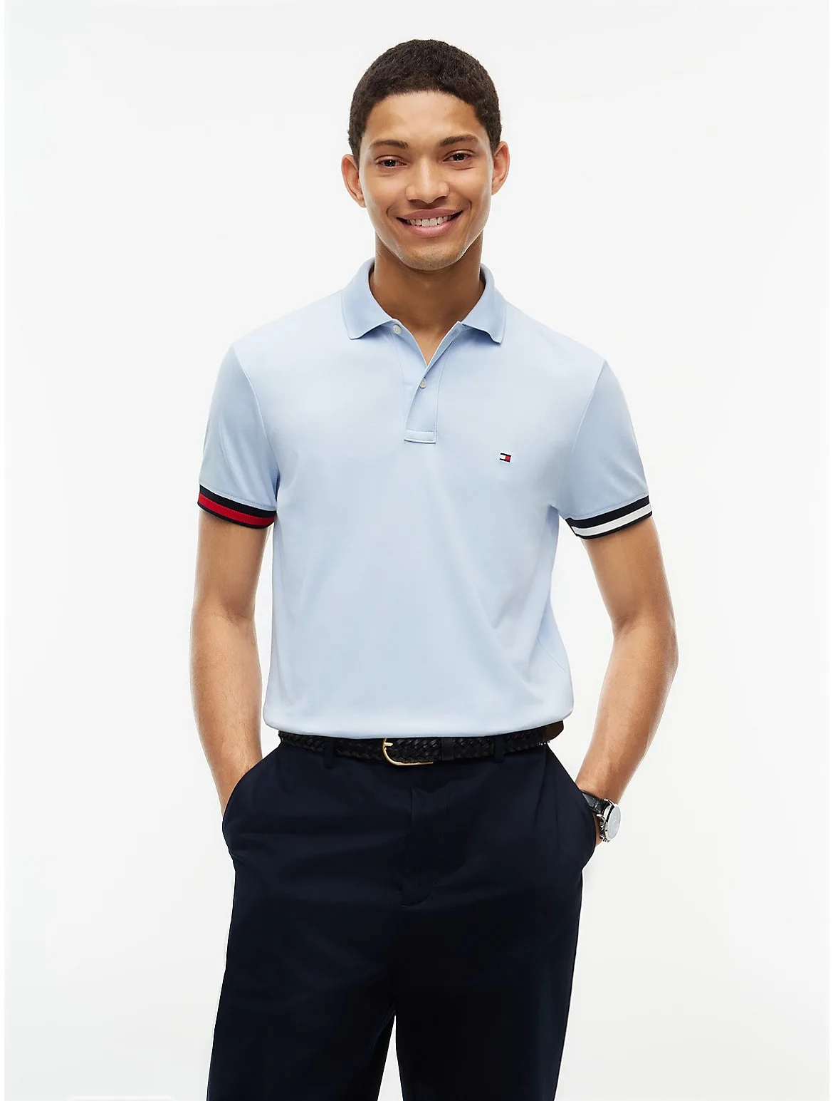 Slim Fit Flag Cuff Smooth Cotton Polo by Tommy Hilfiger