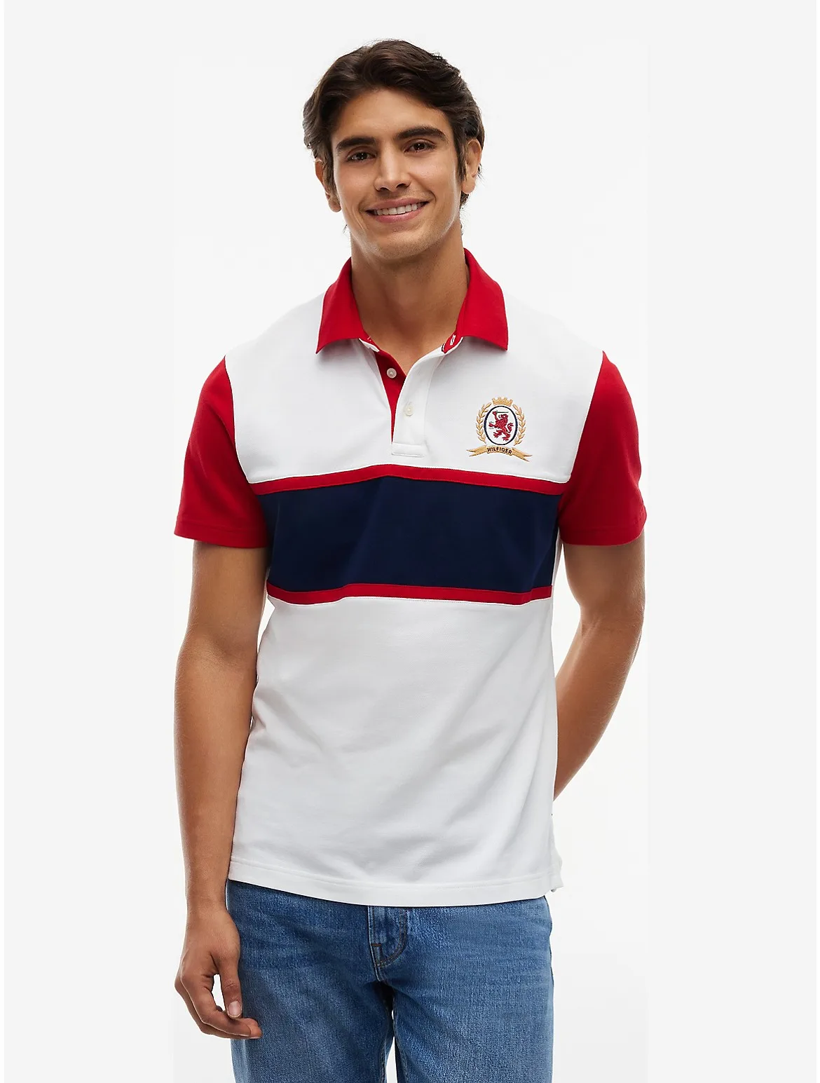 Regular Fit Crest Logo Colorblock Polo by Tommy Hilfiger