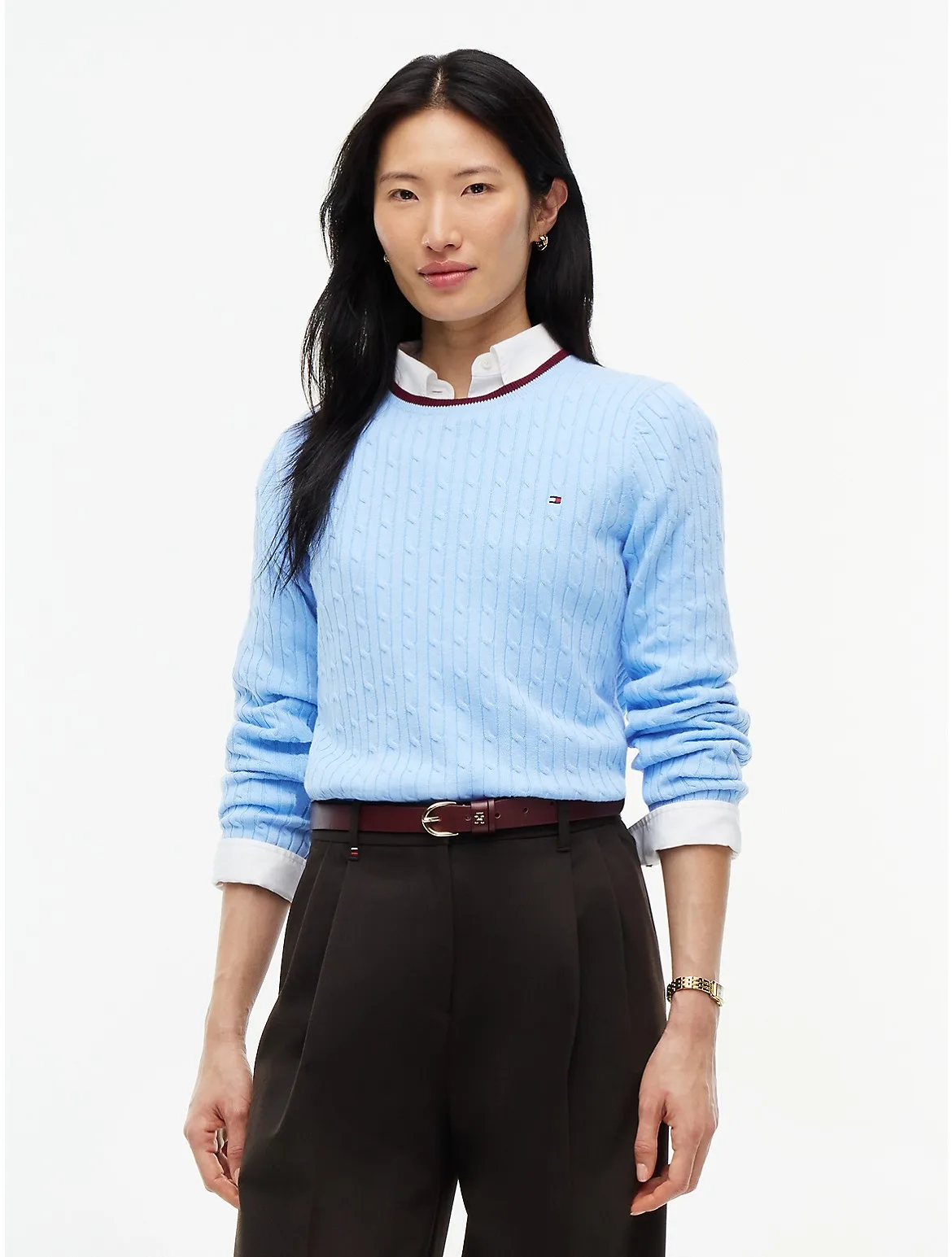 Cable Knit Tipped Crewneck Sweater by Tommy Hilfiger