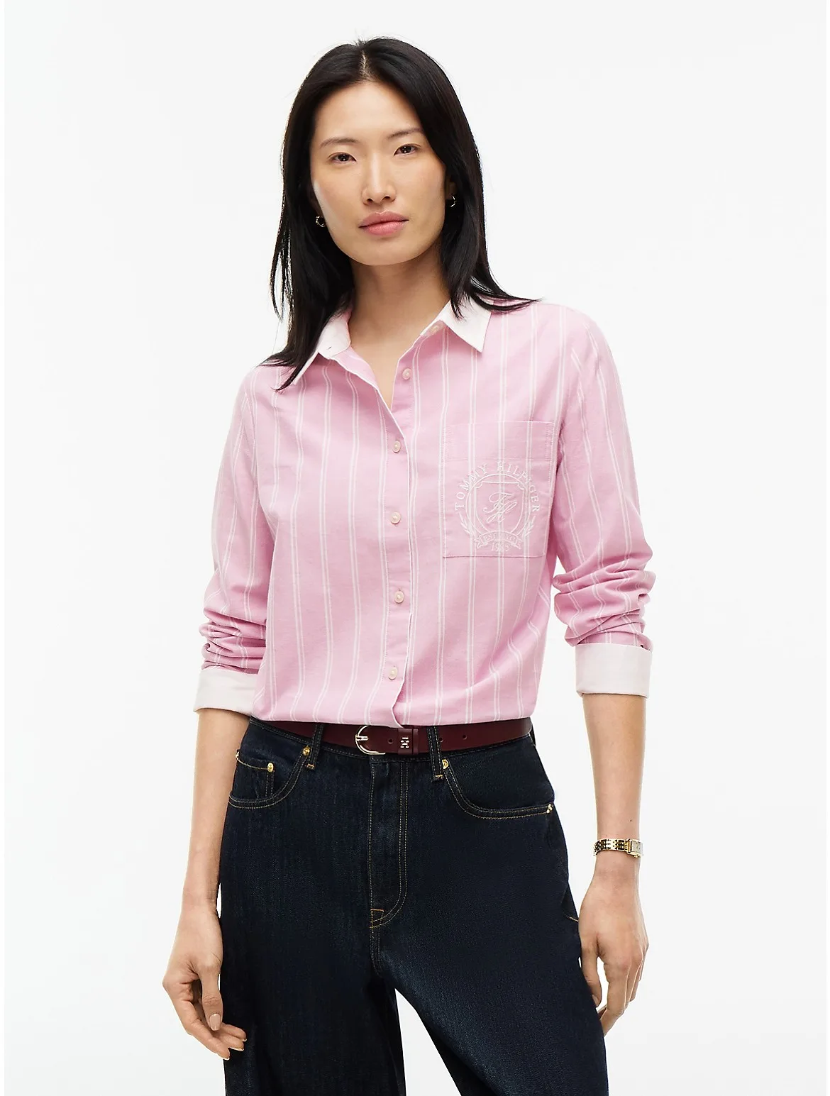 Embroidered Crest Striped Oxford Shirt by Tommy Hilfiger
