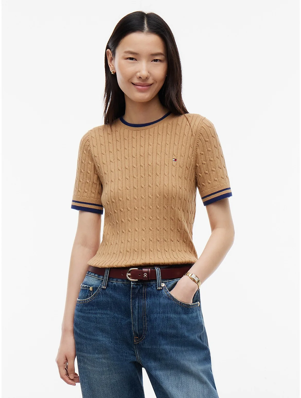 Short-Sleeve Cable Knit Tipped Sweater by Tommy Hilfiger