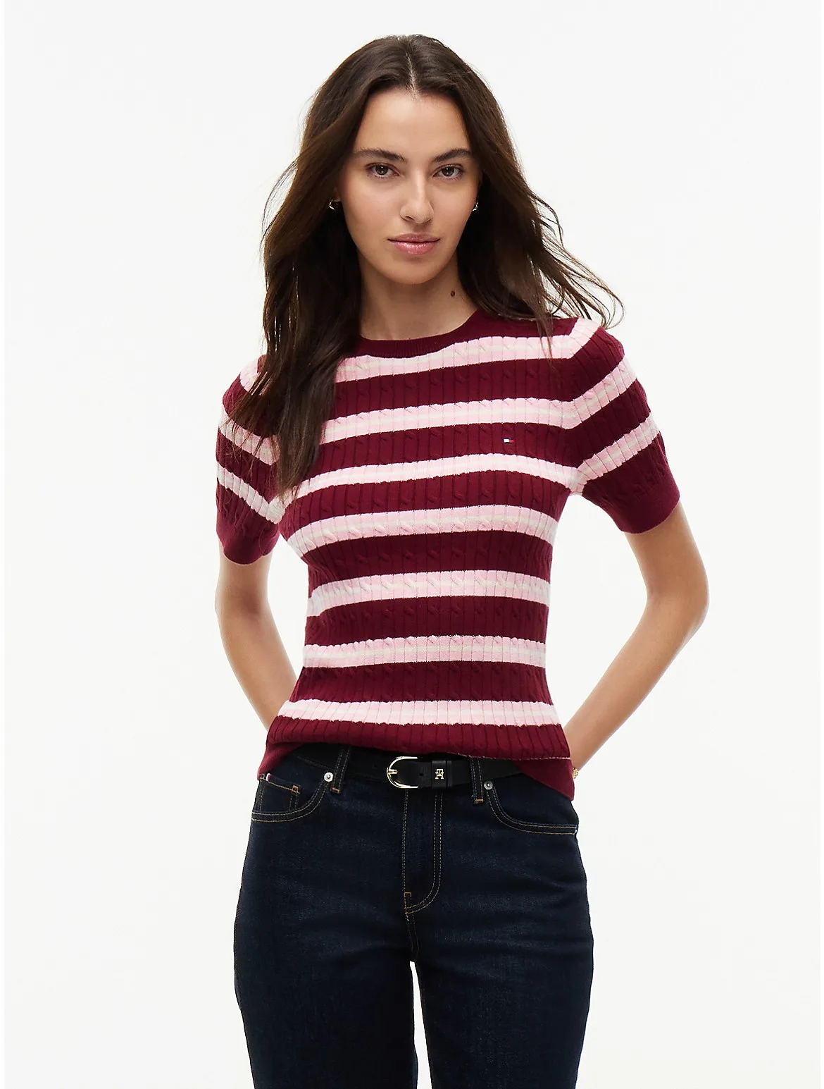 Short-Sleeve Striped Cable Knit Sweater