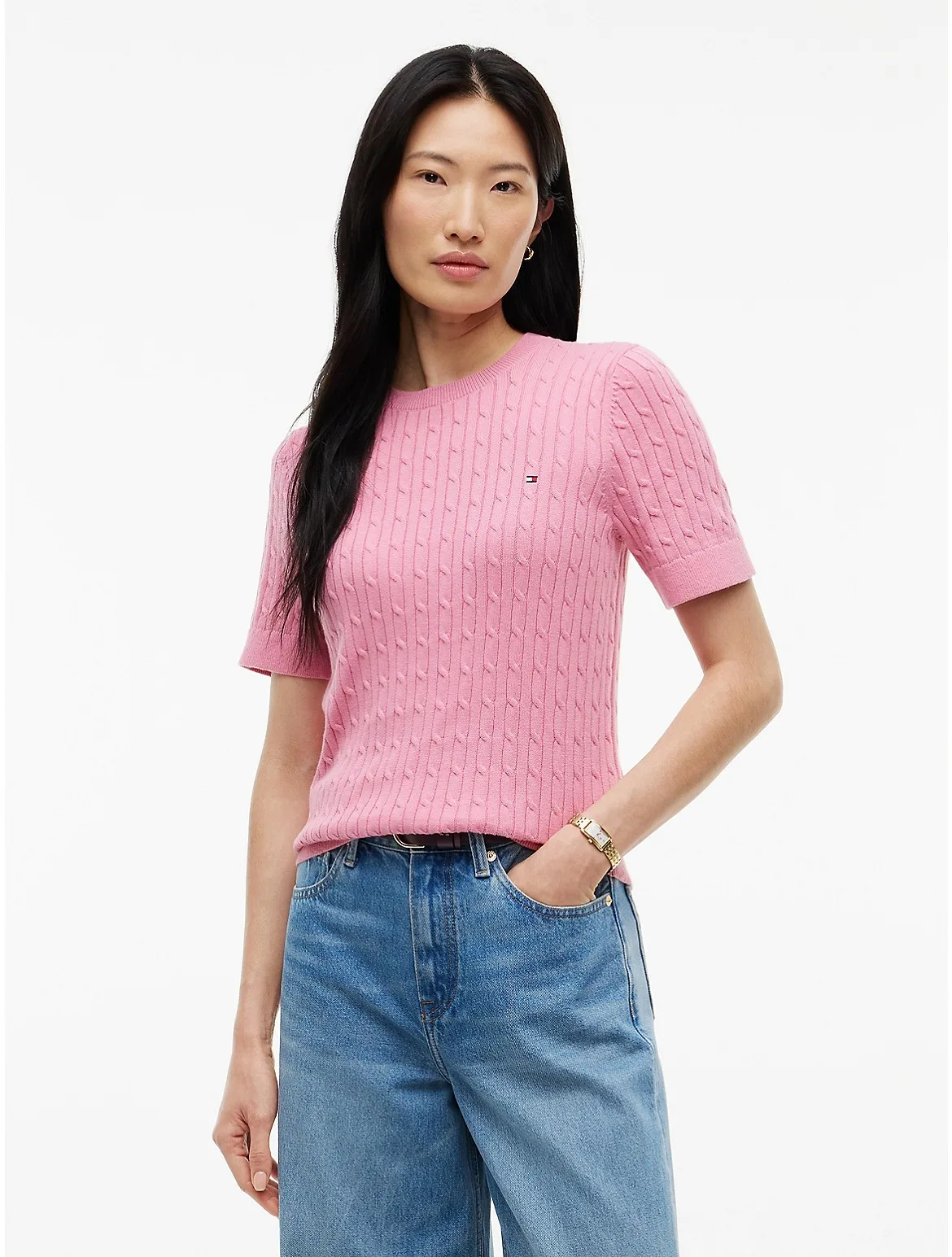 Short-Sleeve Cable Knit Sweater by Tommy Hilfiger
