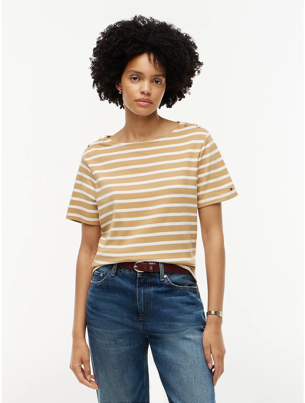 Gold-Button Striped Interlock T-Shirt by Tommy Hilfiger