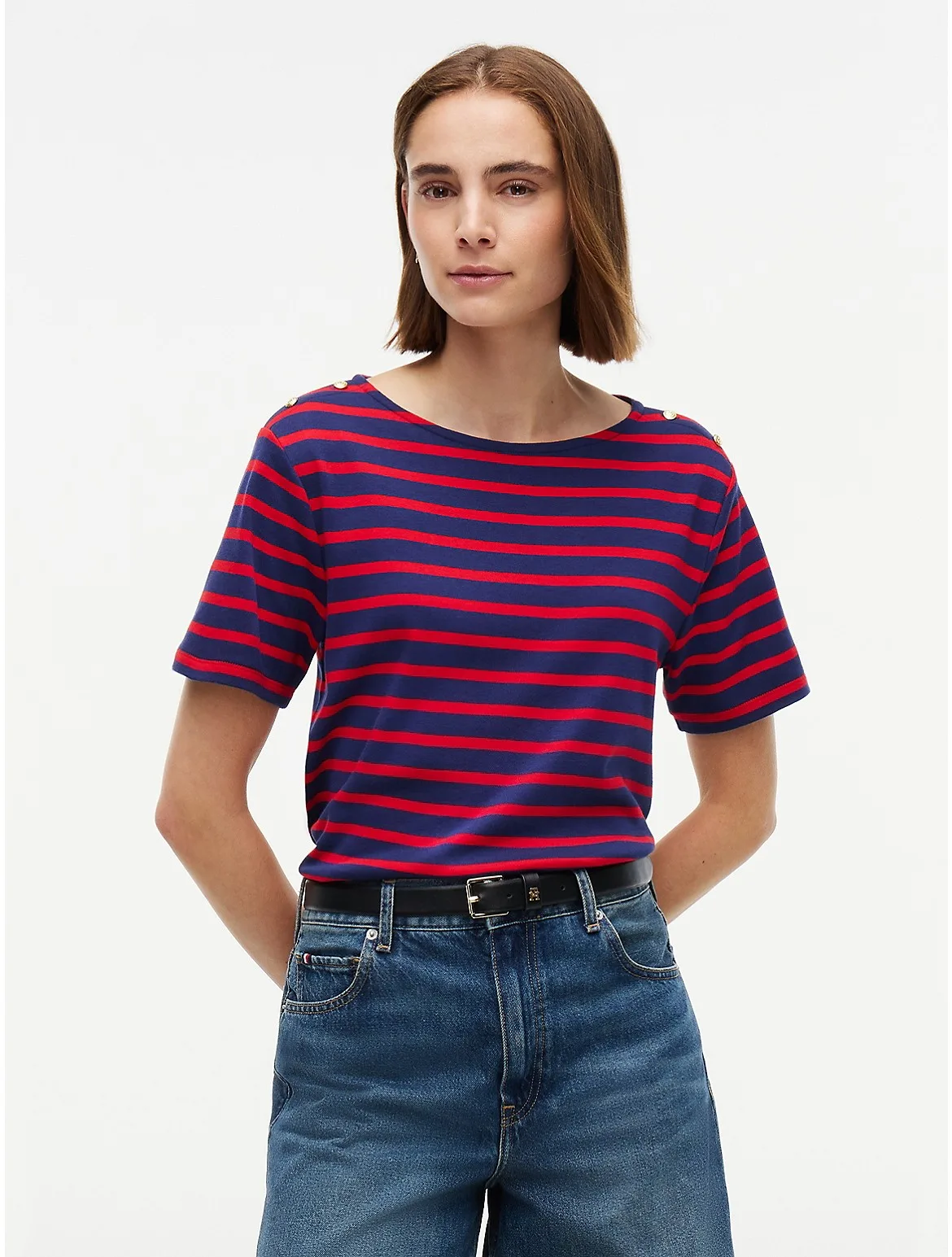 Gold-Button Striped Interlock T-Shirt