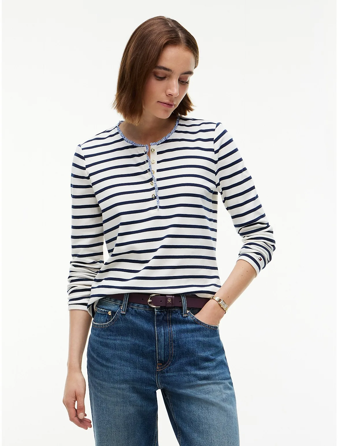 Ruffle-Trim Striped Interlock Henley by Tommy Hilfiger