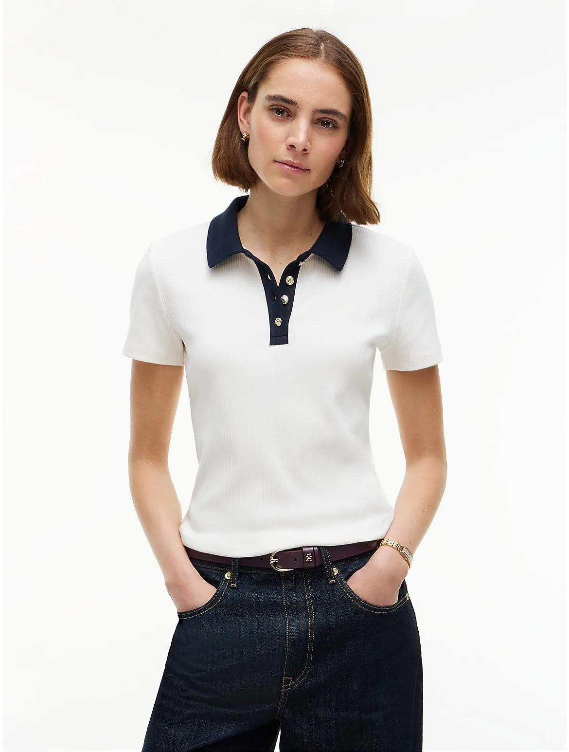 Gold-Button Ribbed Polo by Tommy Hilfiger