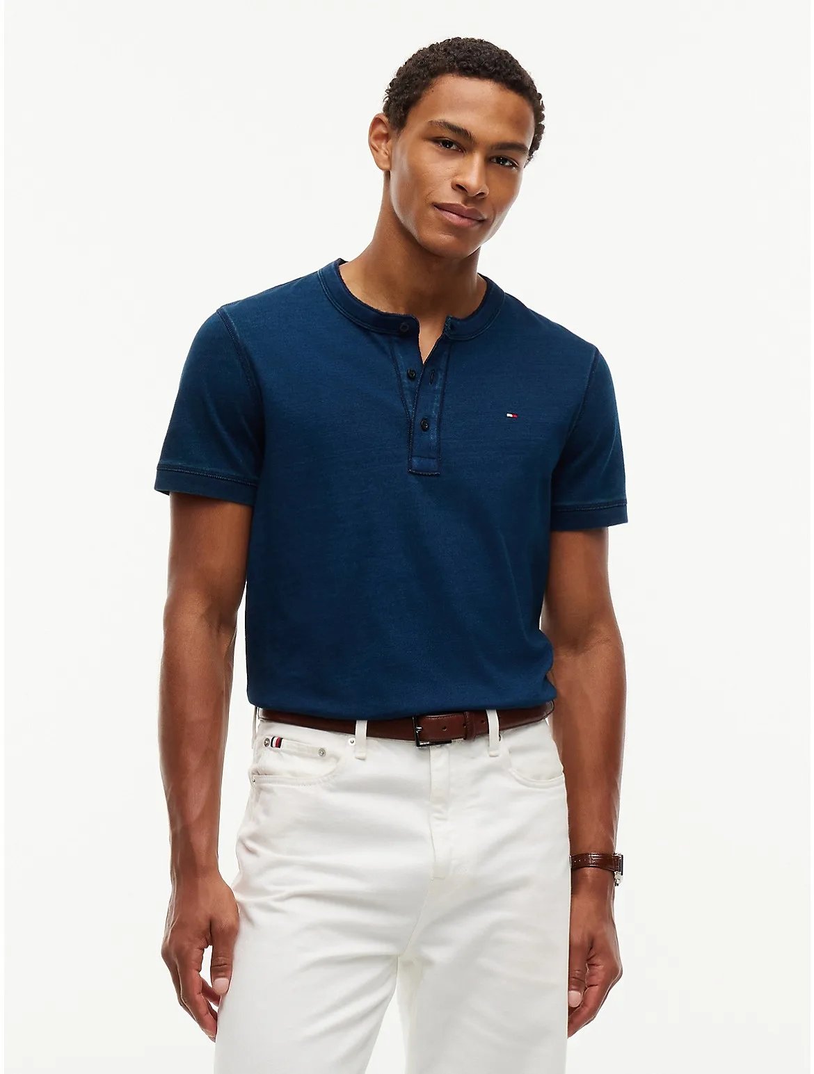 Short-Sleeve Indigo-Dyed Henley T-Shirt by Tommy Hilfiger