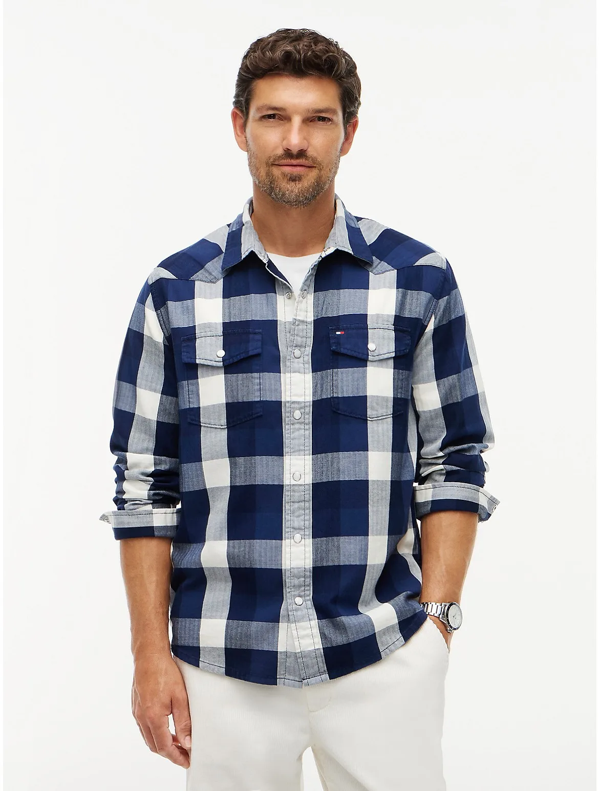 Regular Fit Check Denim Western Shirt by Tommy Hilfiger