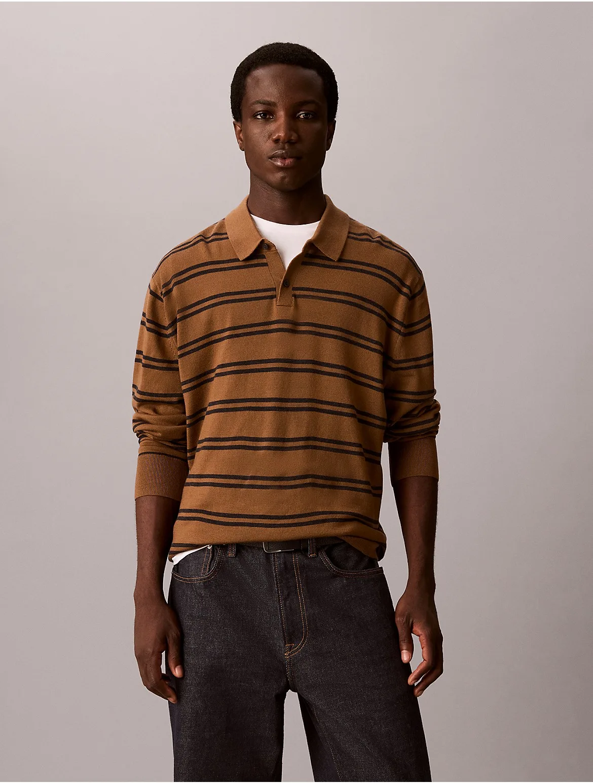 Merino Stripe Polo Sweater by Calvin Klein