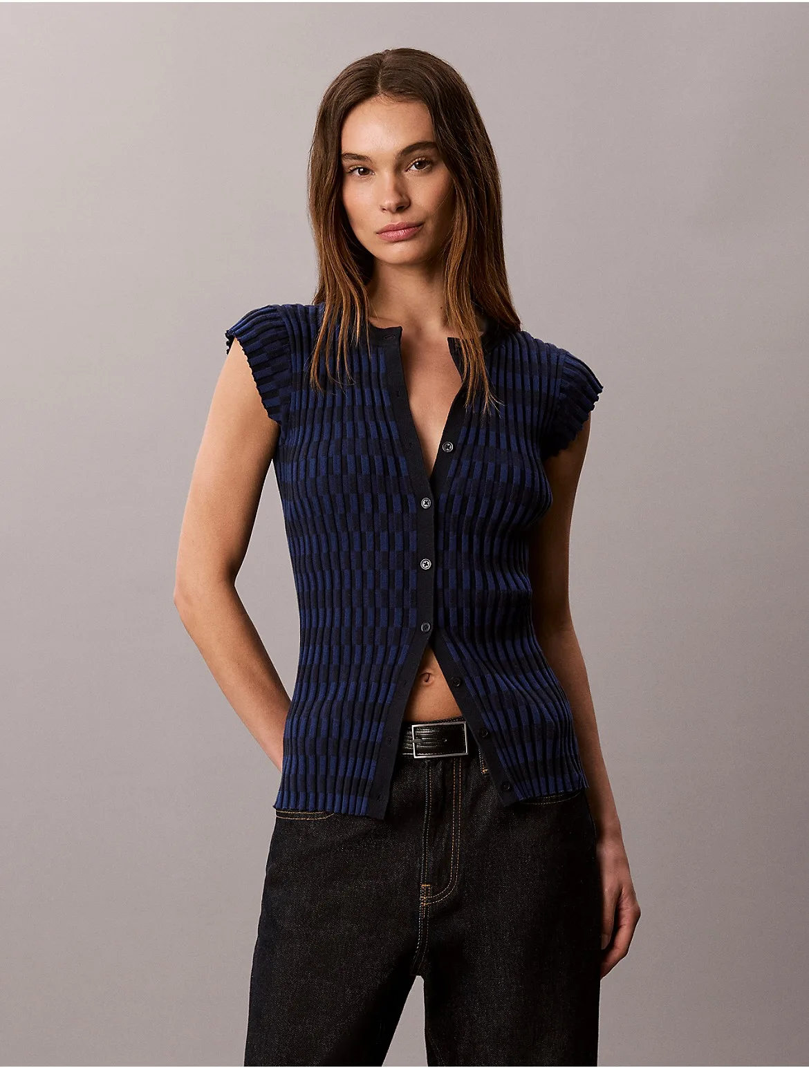 Tech Knit Checkered Rib Cardigan by Calvin Klein