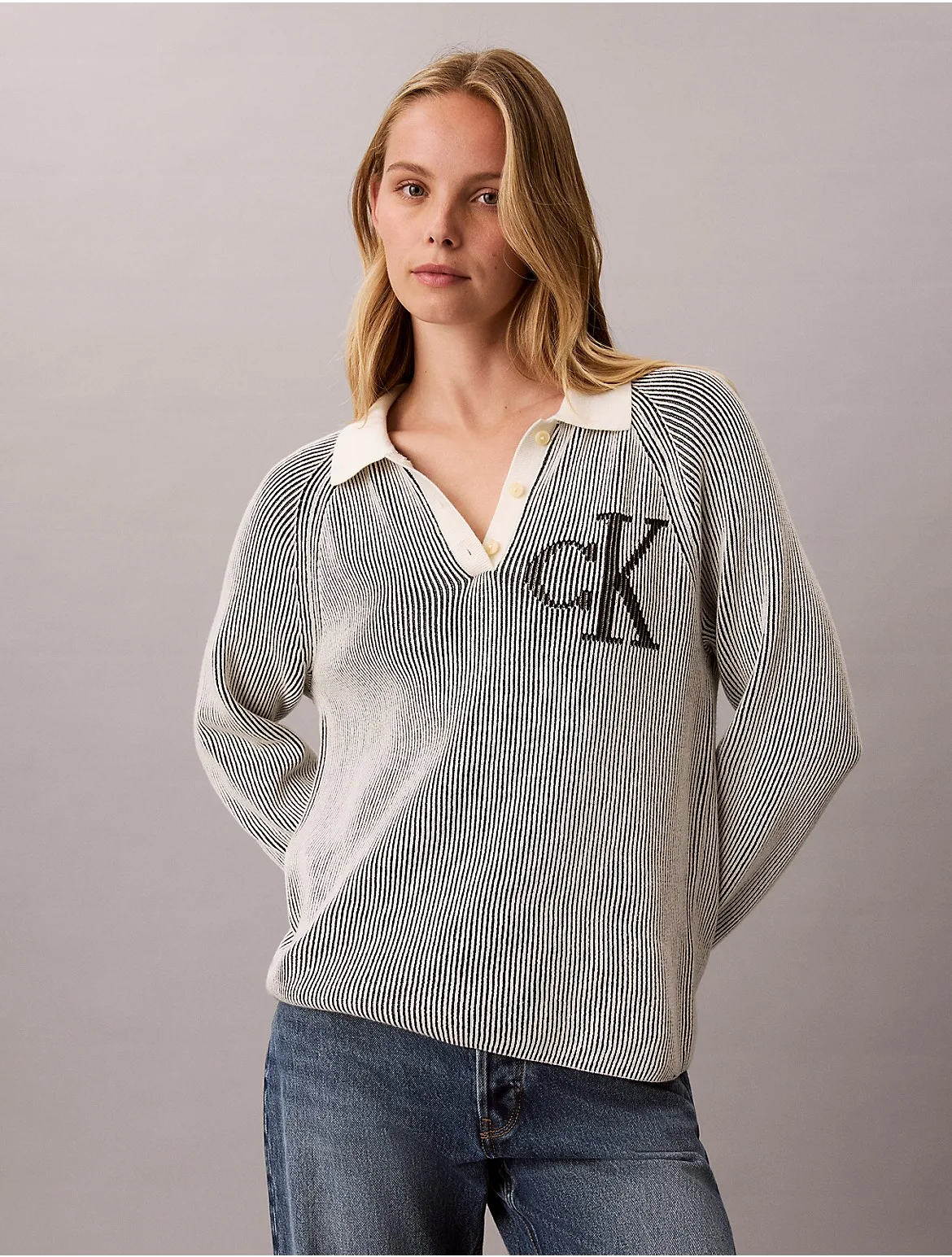 Bicolor Rib Monogram Polo Sweater by Calvin Klein Jeans