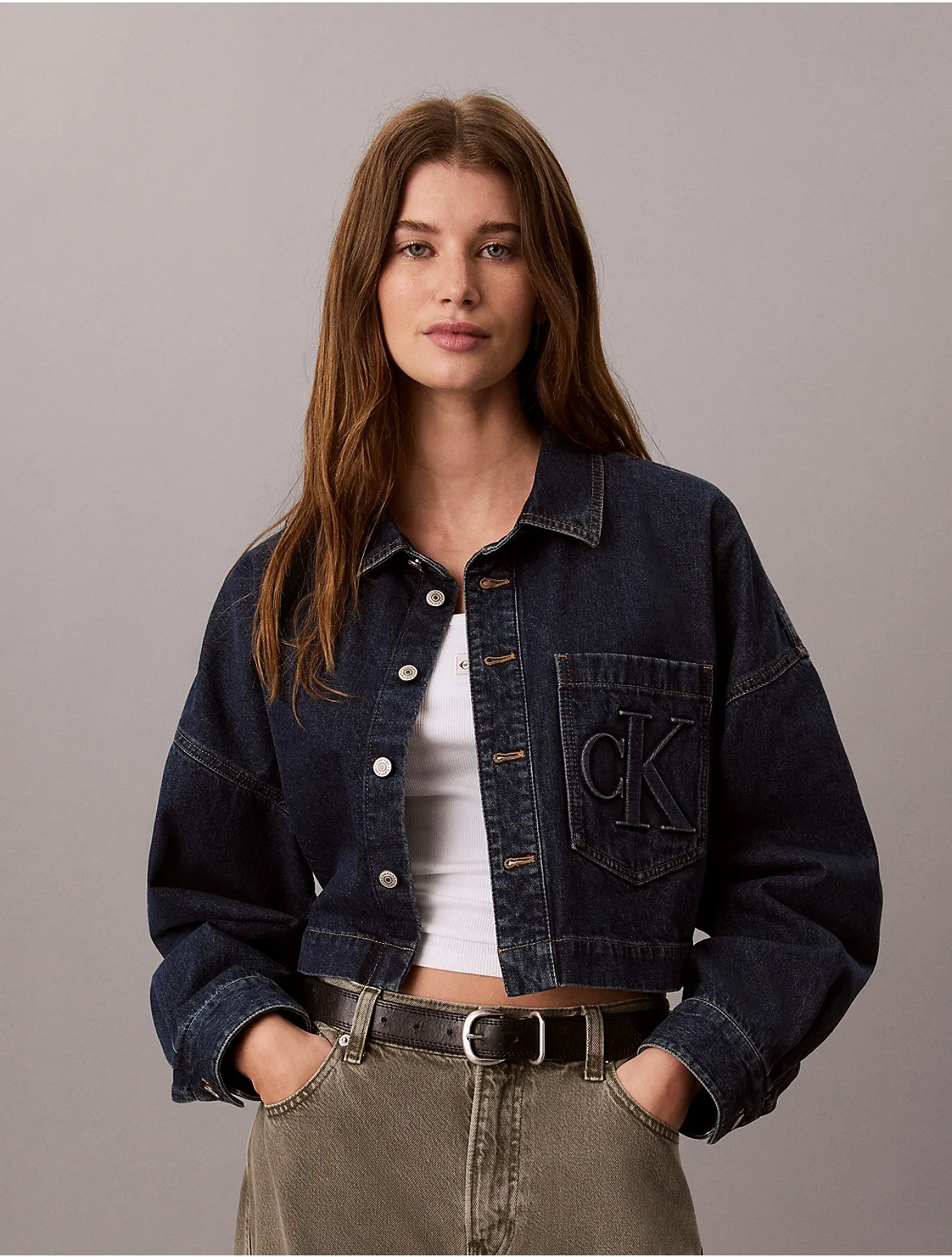 Monogram Logo Denim Cropped Shirt by Calvin Klein Jeans