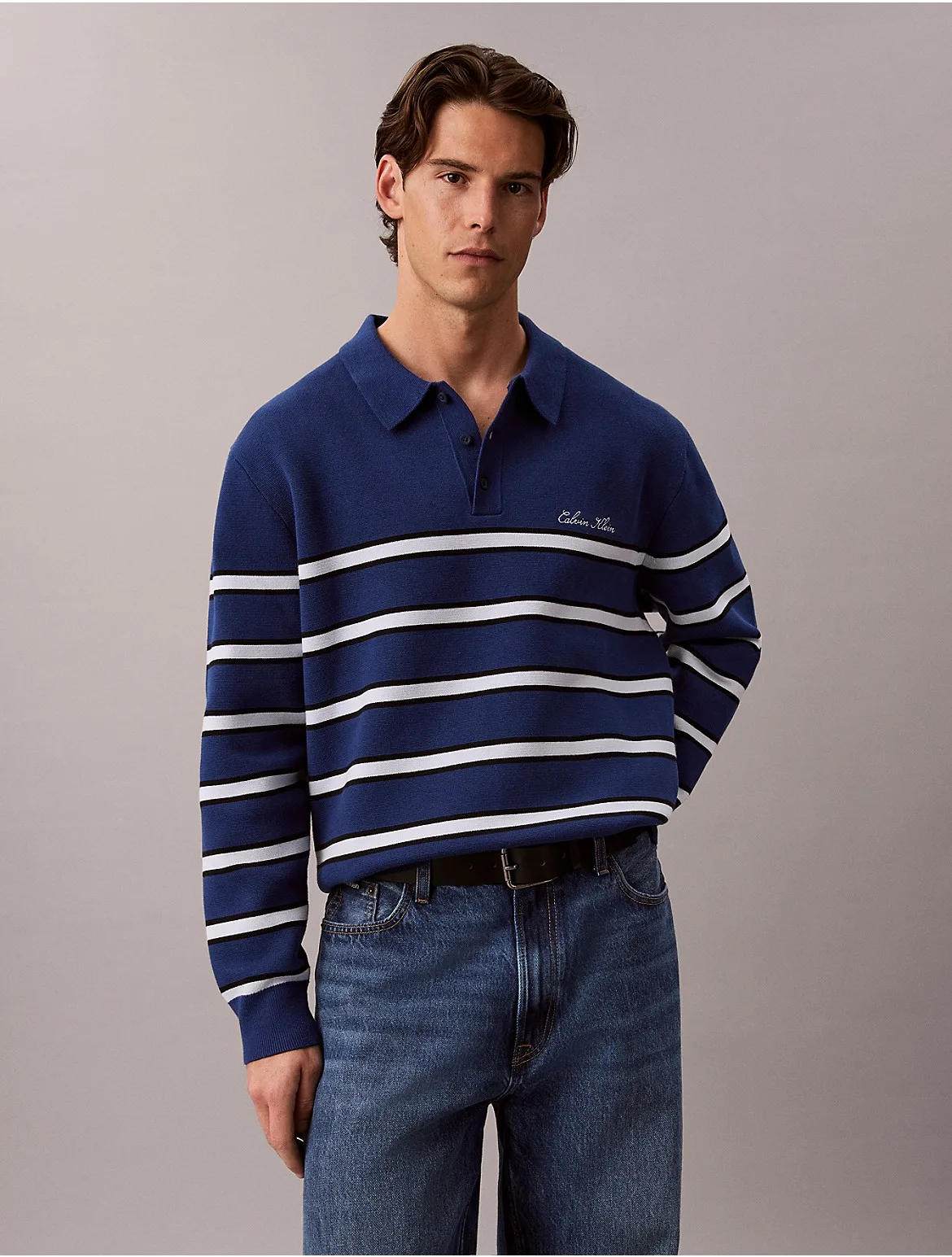 Cotton Stretch Stripe Polo Sweater by Calvin Klein Jeans