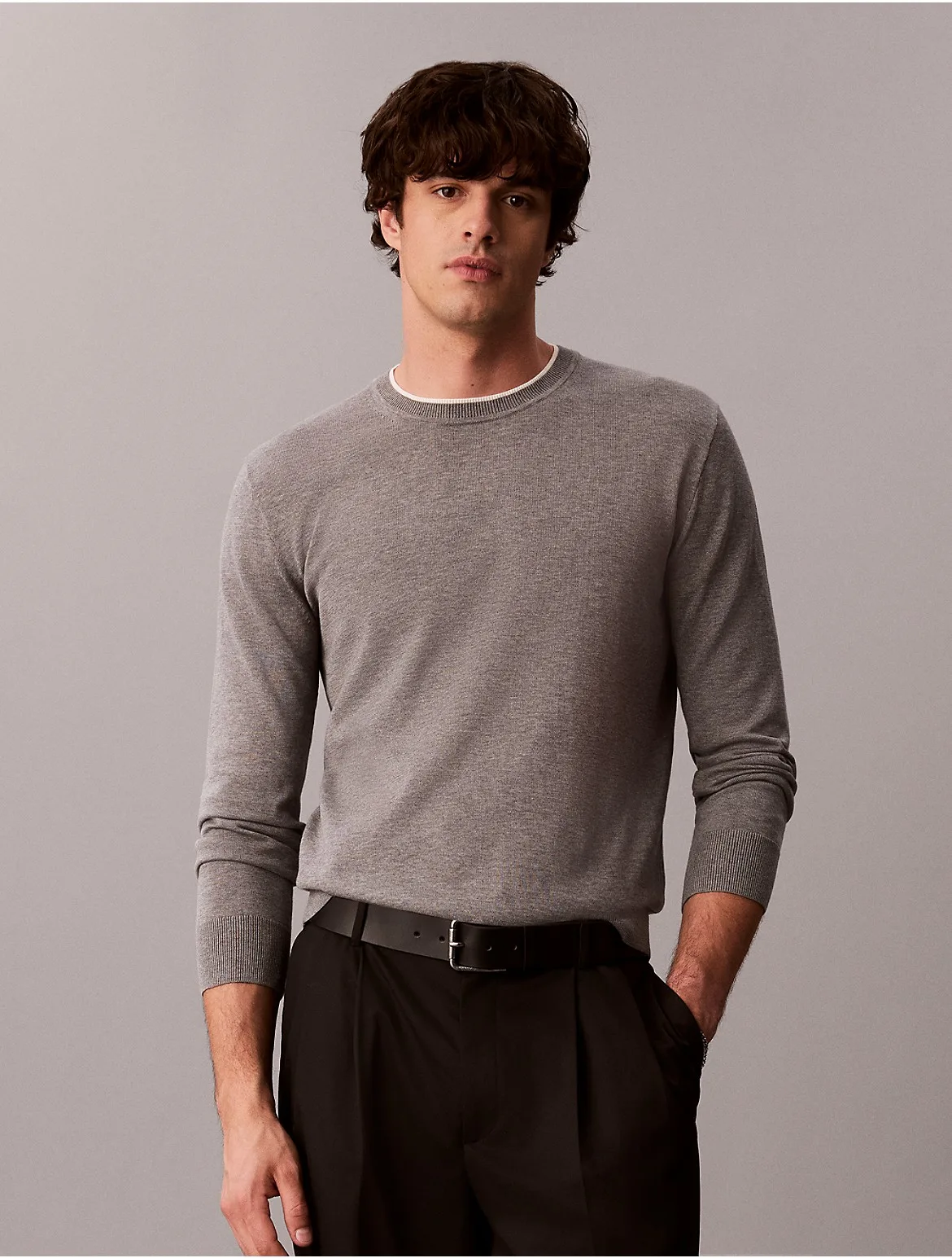 Supima Cotton Double Collar Crewneck Sweater by Calvin Klein