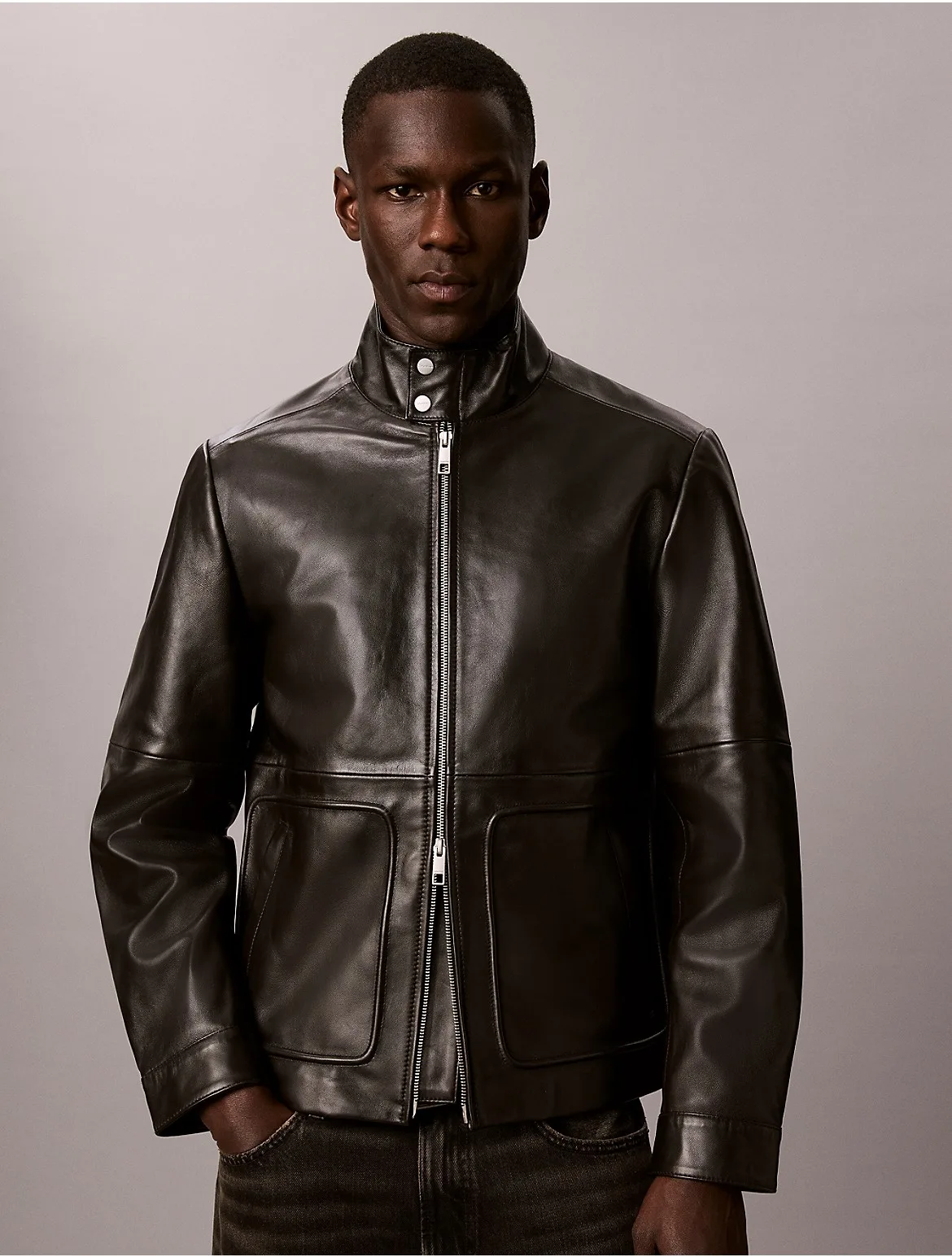 Lamb Leather Zip Jacket by Calvin Klein