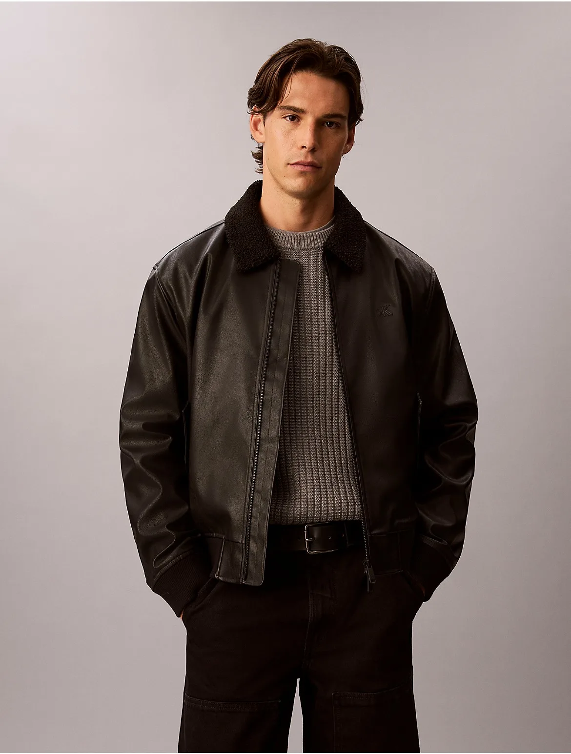 Faux Leather Sherpa Bomber Jacket by Calvin Klein Jeans
