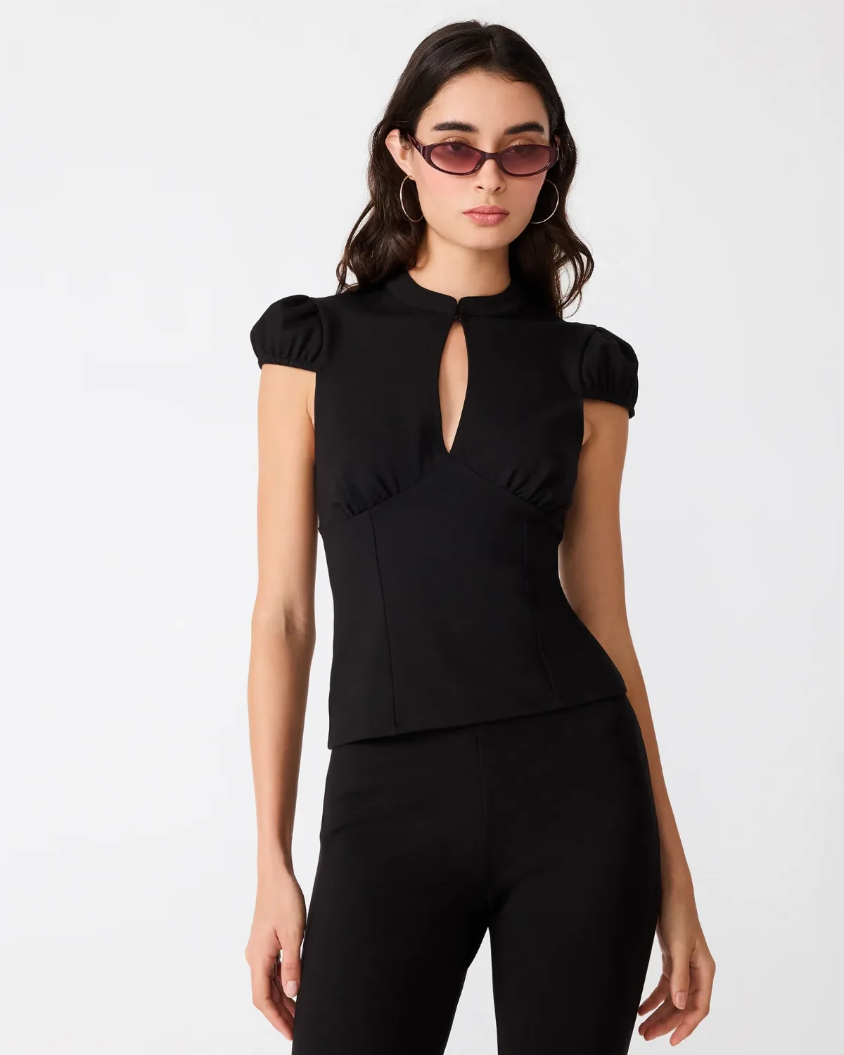 Keyhole Top Short Sleeve Tops - Nylon/Rayon by Steve Madden