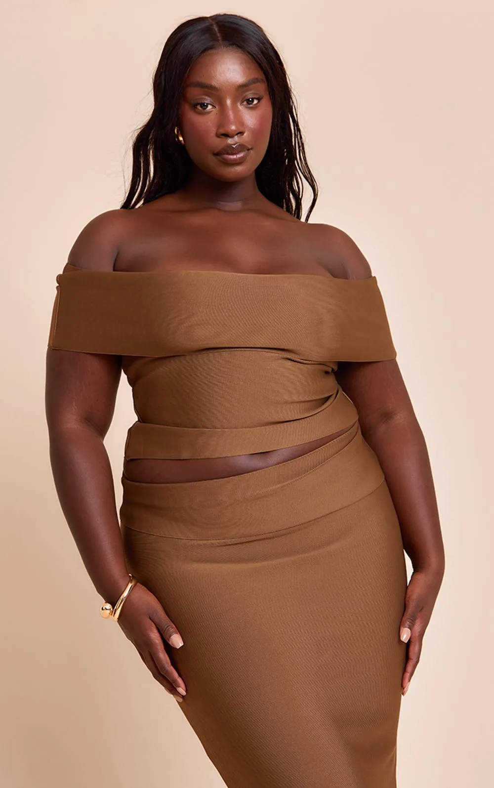 Tailored Bandage Knit Asymmetric Fold Over Top Co-Ord by PrettyLittleThing