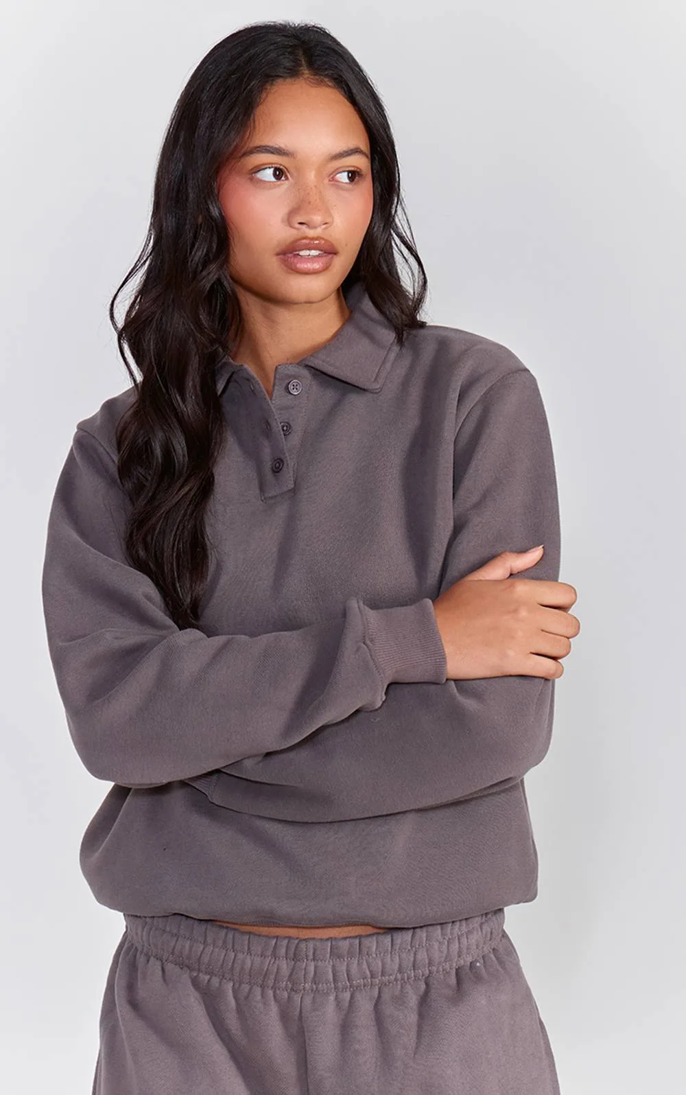 Cotton Fleece Polo Button Sweatshirt by PrettyLittleThing